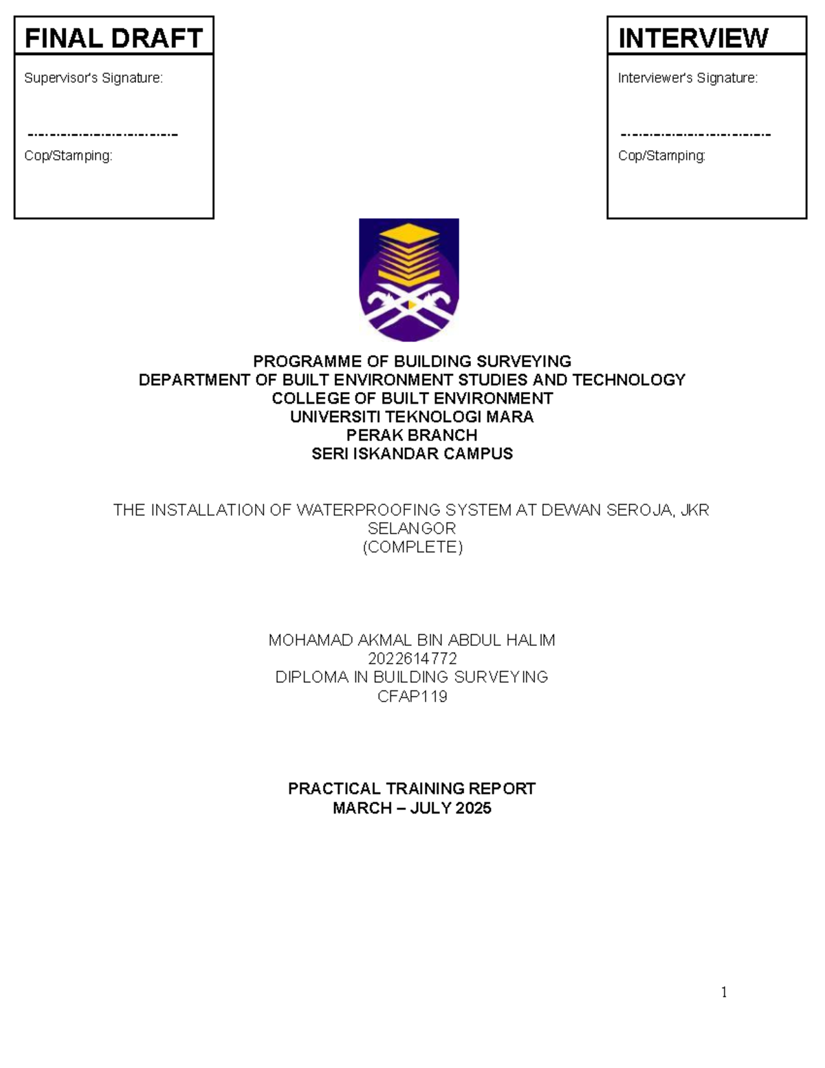 CFAP119 Final Report on Waterproofing System Installation at Dewan ...