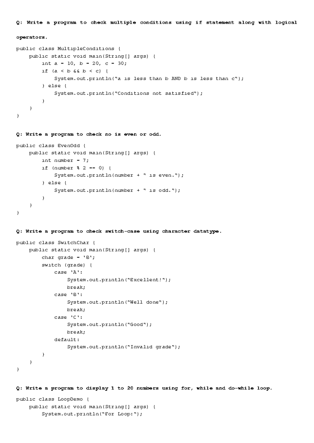 Java Programs: Conditional Statements, Loops, and Character Handling ...