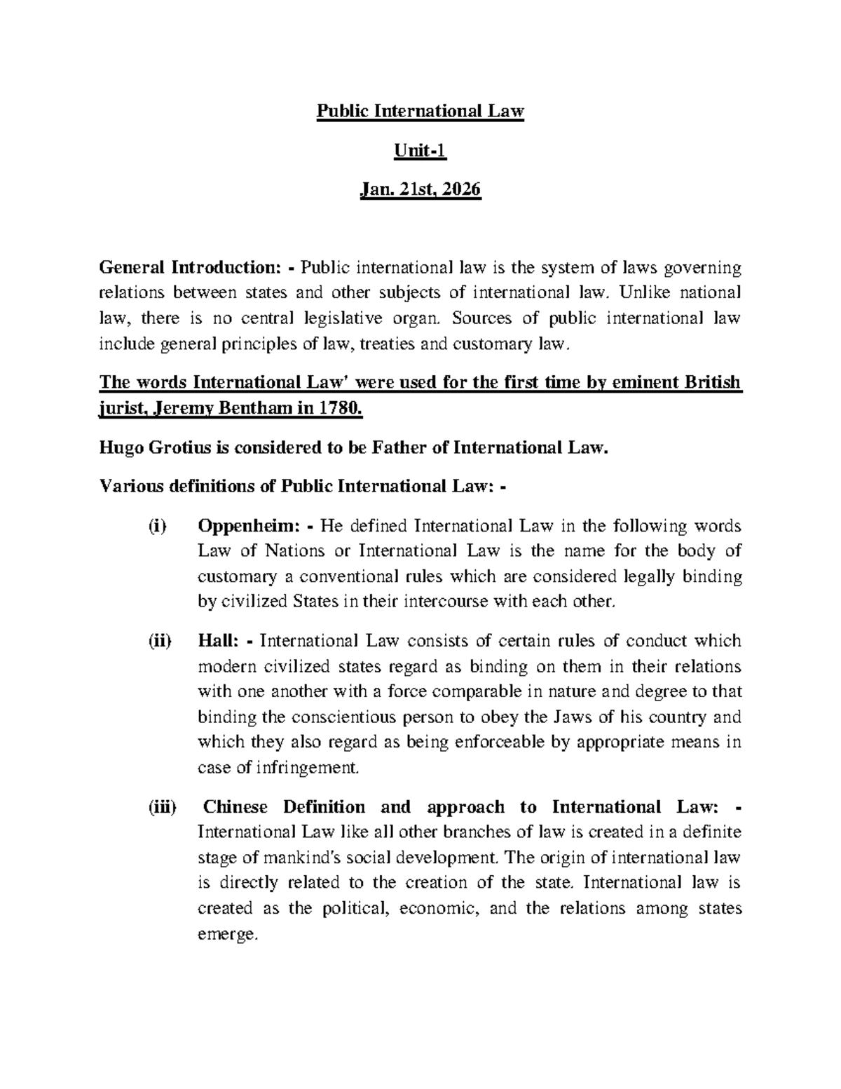 Public International Law Lecture 2: Key Concepts & Definitions - Studocu