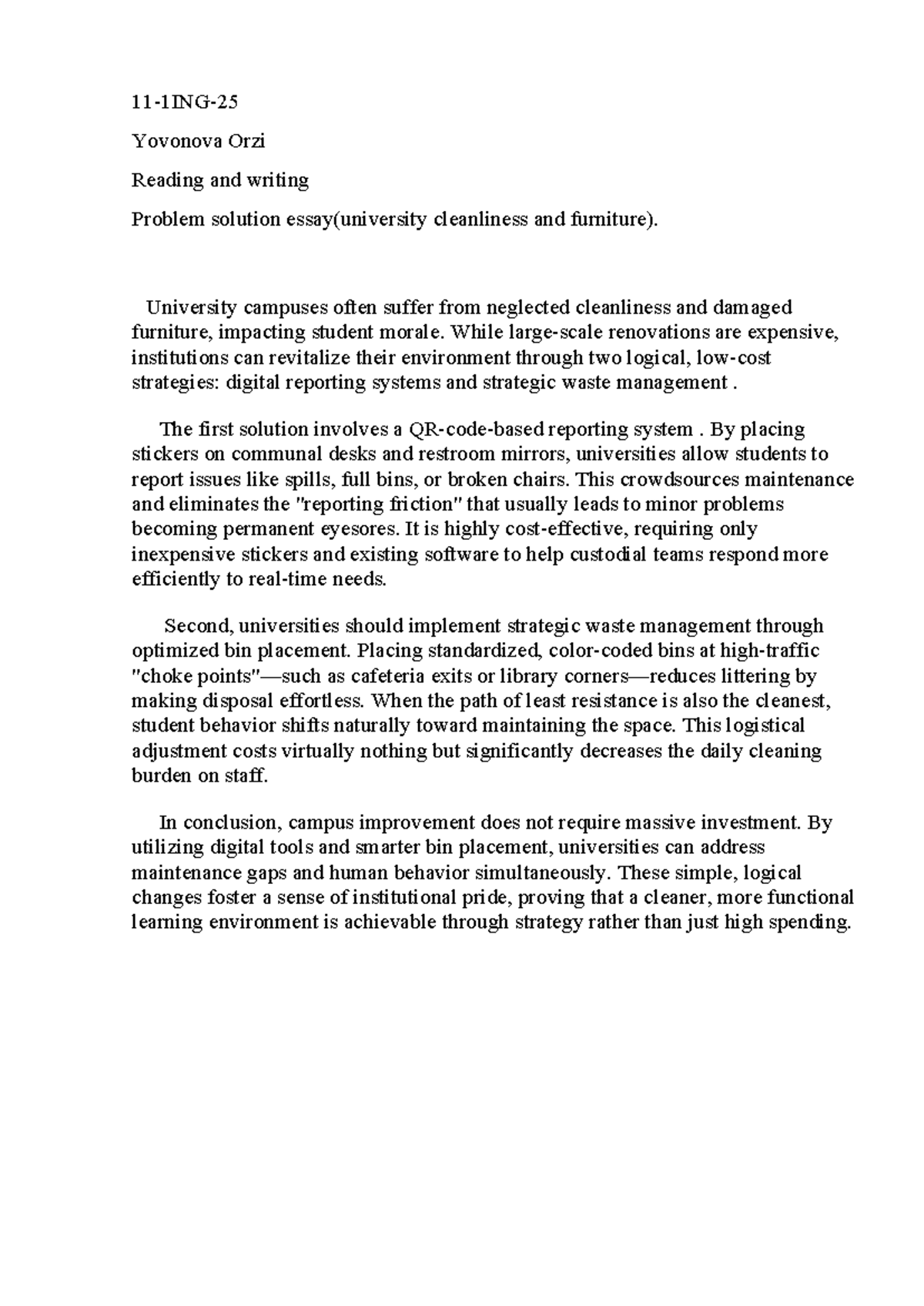 Yovonova Orzi Problem Solution Essay (University Cleanliness) - Studocu