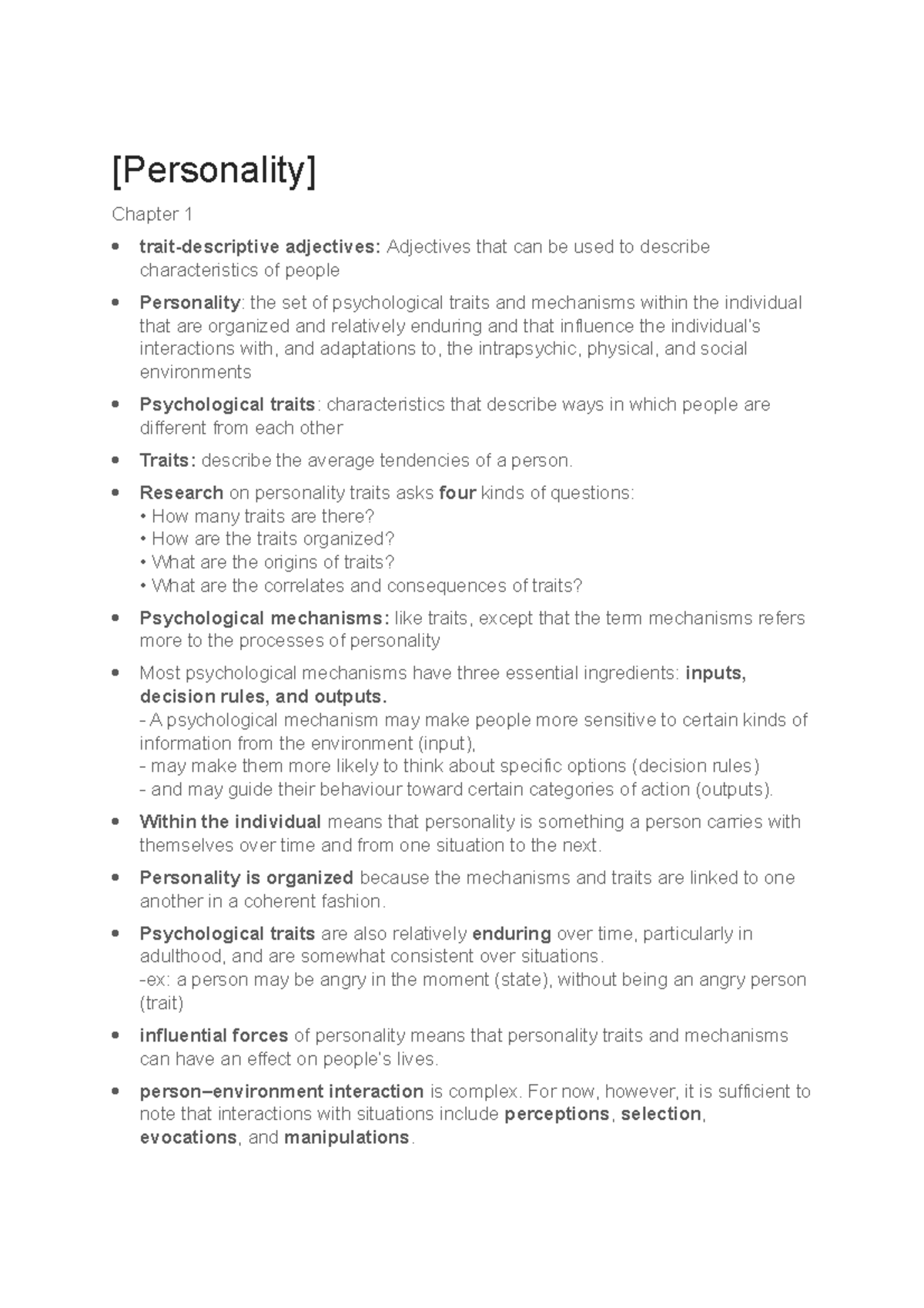 Psych 321 Lecture Notes: Understanding Personality Traits and ...