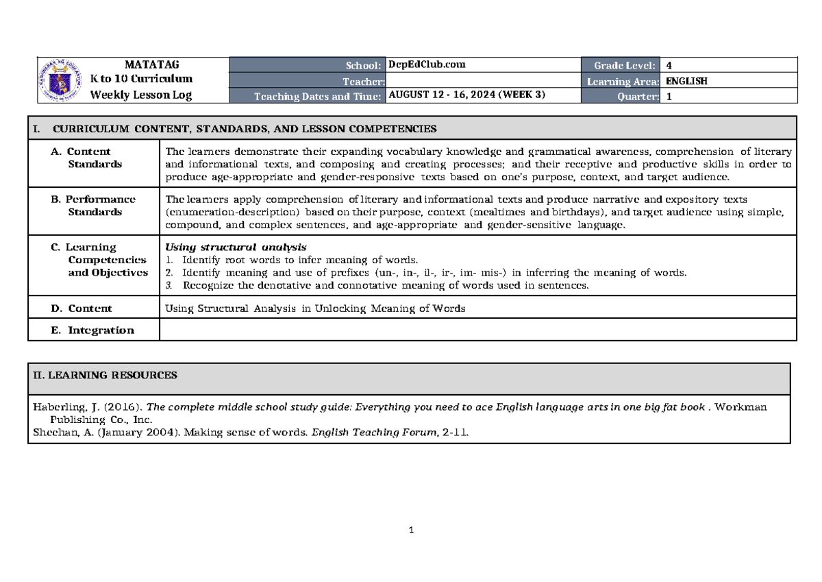 DLL Matatag English 4 Q1 Week 3 Lesson Log and Activities - Studocu
