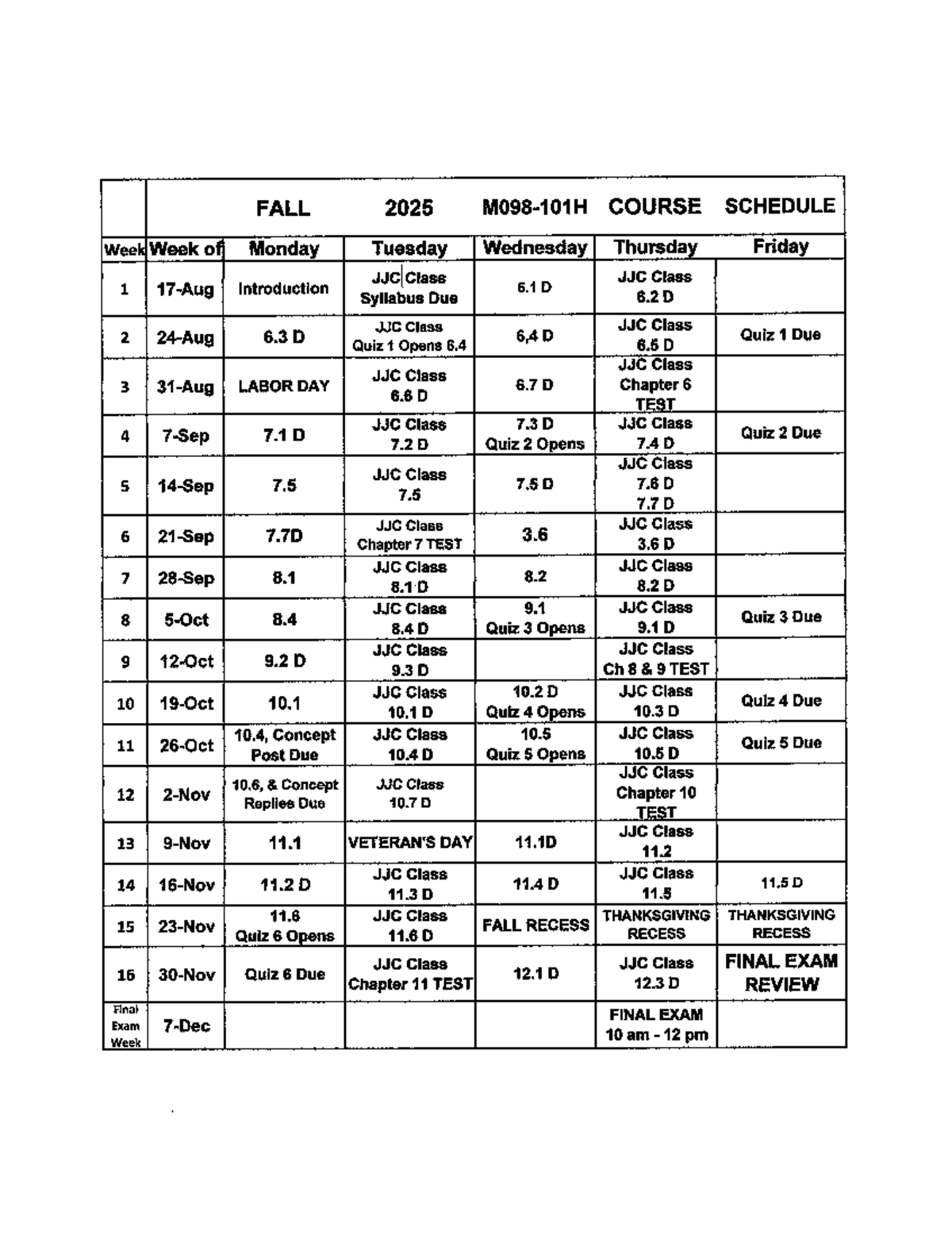 Math 098-101H FALL 2025 Course Schedule & Exam Dates - Studocu