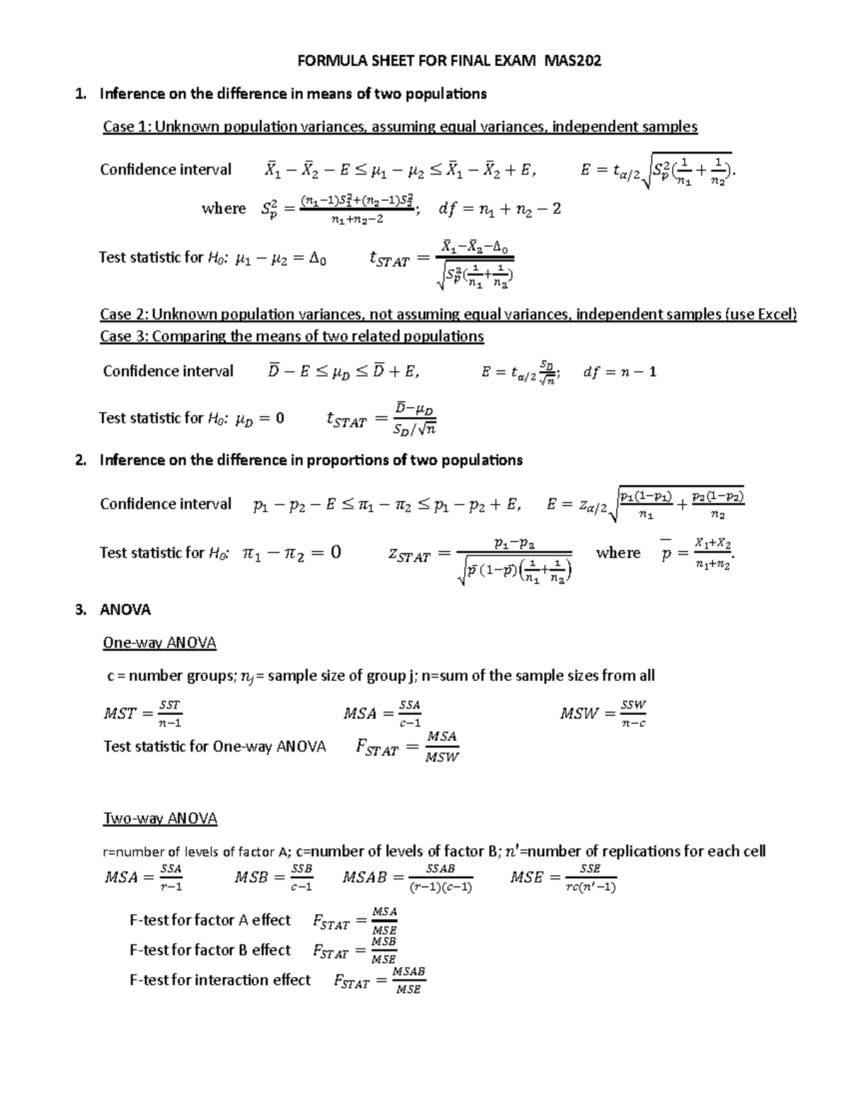 Formula Sheet for Final Exam MAS202: Inference & ANOVA - Studocu