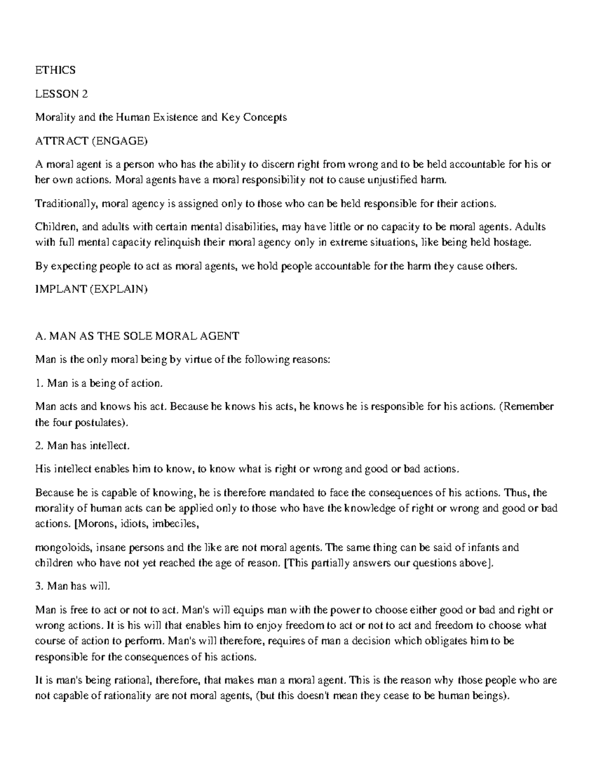 Lesson-1-ethics - ethics - ETHICS LESSON 2 Morality and the Human ...