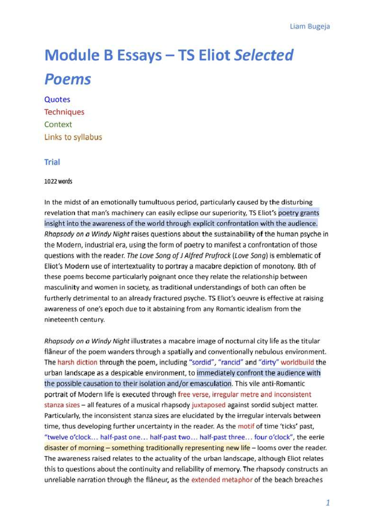TS Eliot Modernist Poetry: Intertextuality & Themes - Module B Essay ...