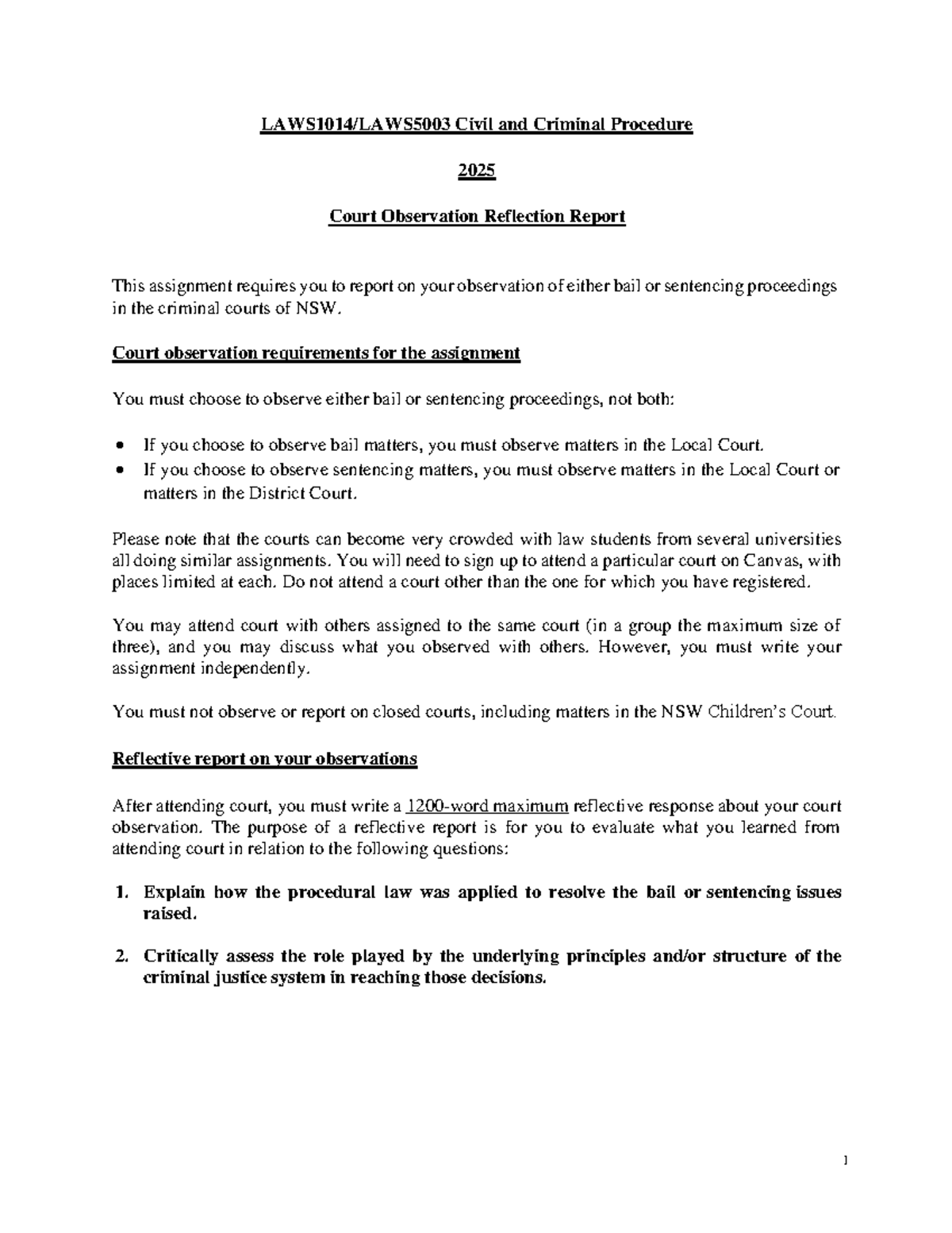 LAWS1014/LAWS5003 Court Observation Reflection Report Guidelines - Studocu