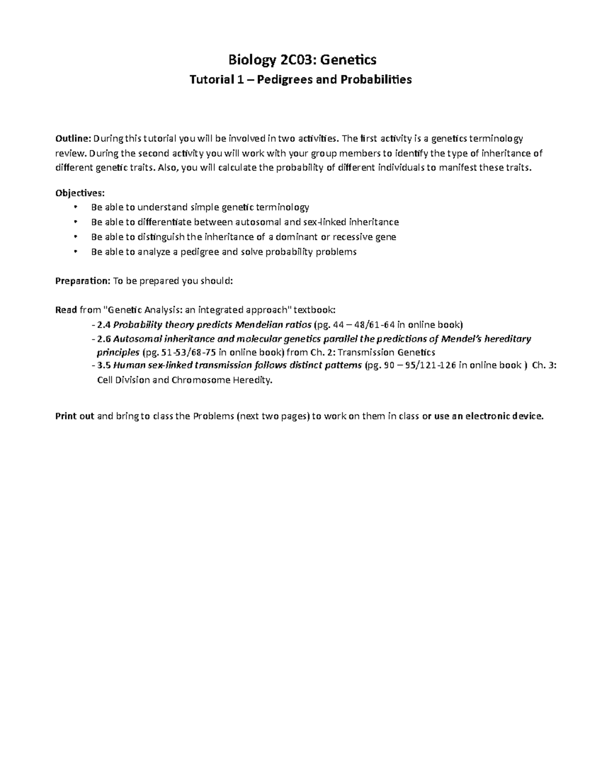 Biology 2C03: Tutorial 1 on Pedigrees and Inheritance Probabilities ...