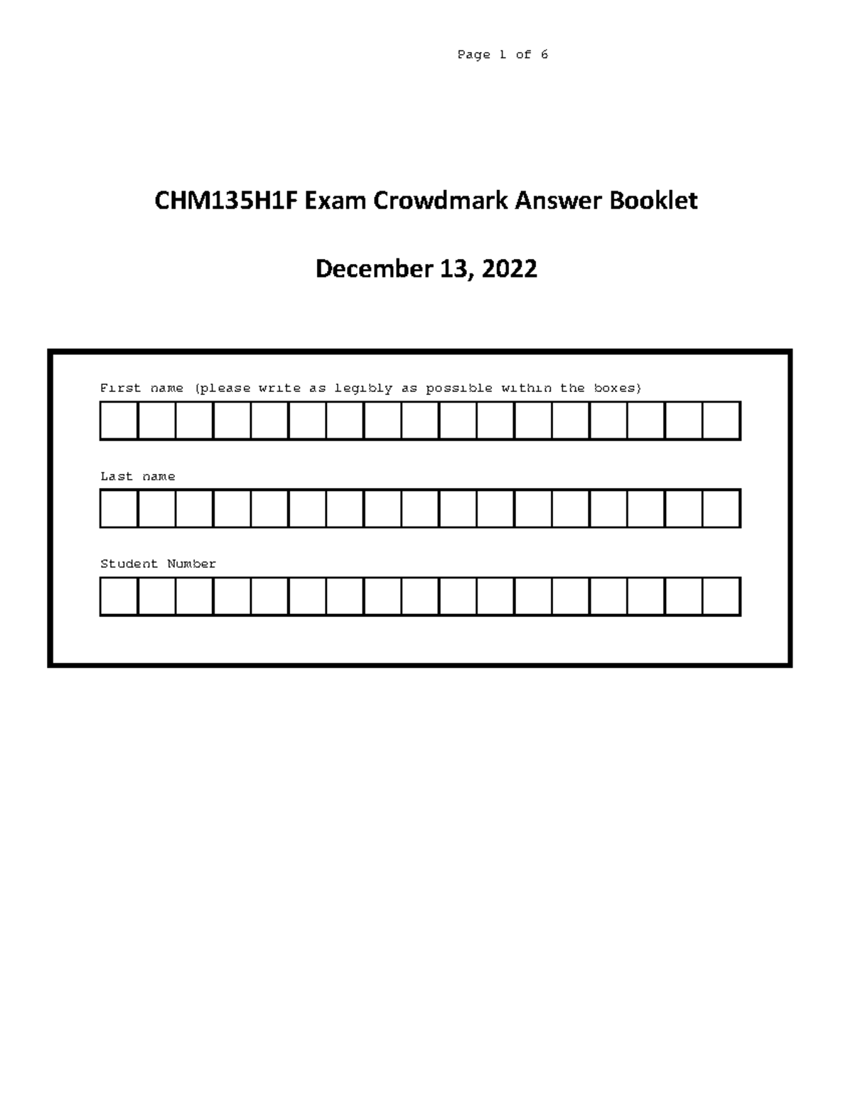 CHM135H1F Final Exam Answer Booklet - December 2022 - Studocu