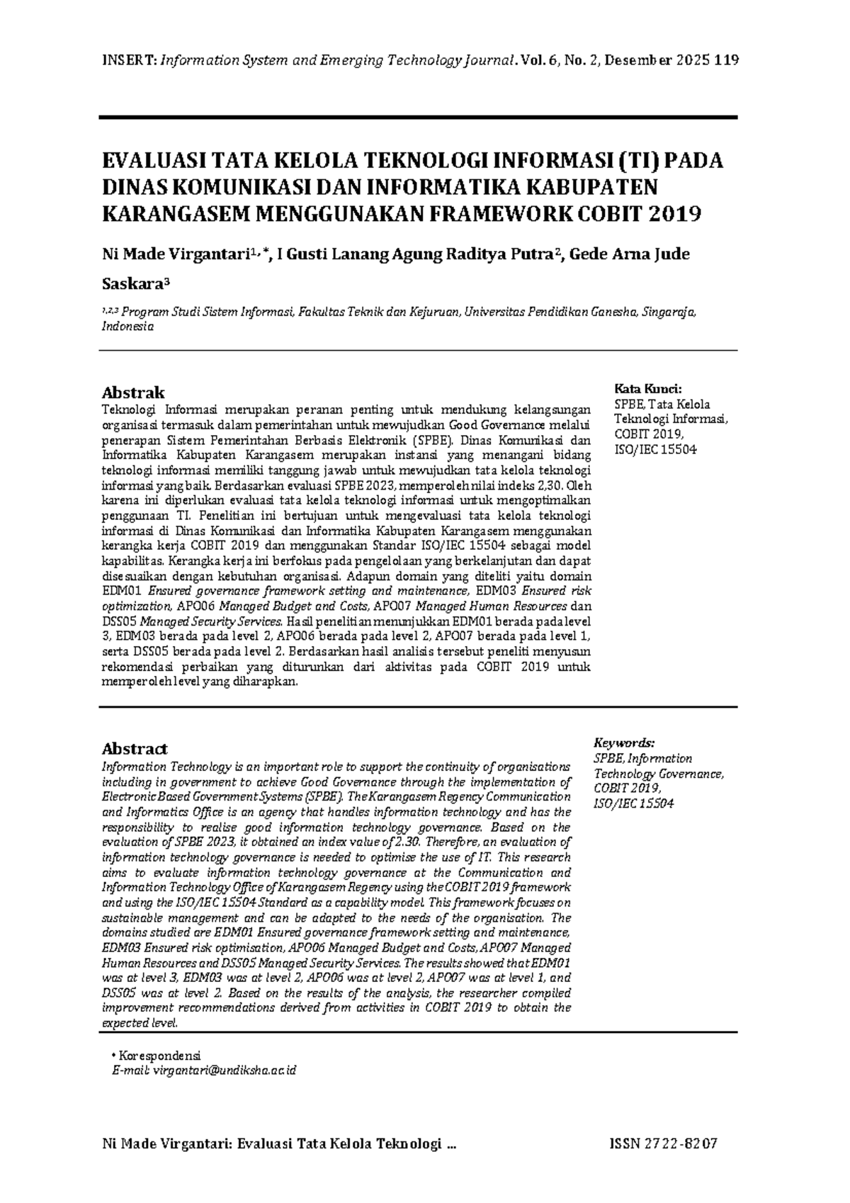 Jurnal Evaluasi Tata Kelola TI pada Dinas Komunikasi dengan COBIT 2019 ...