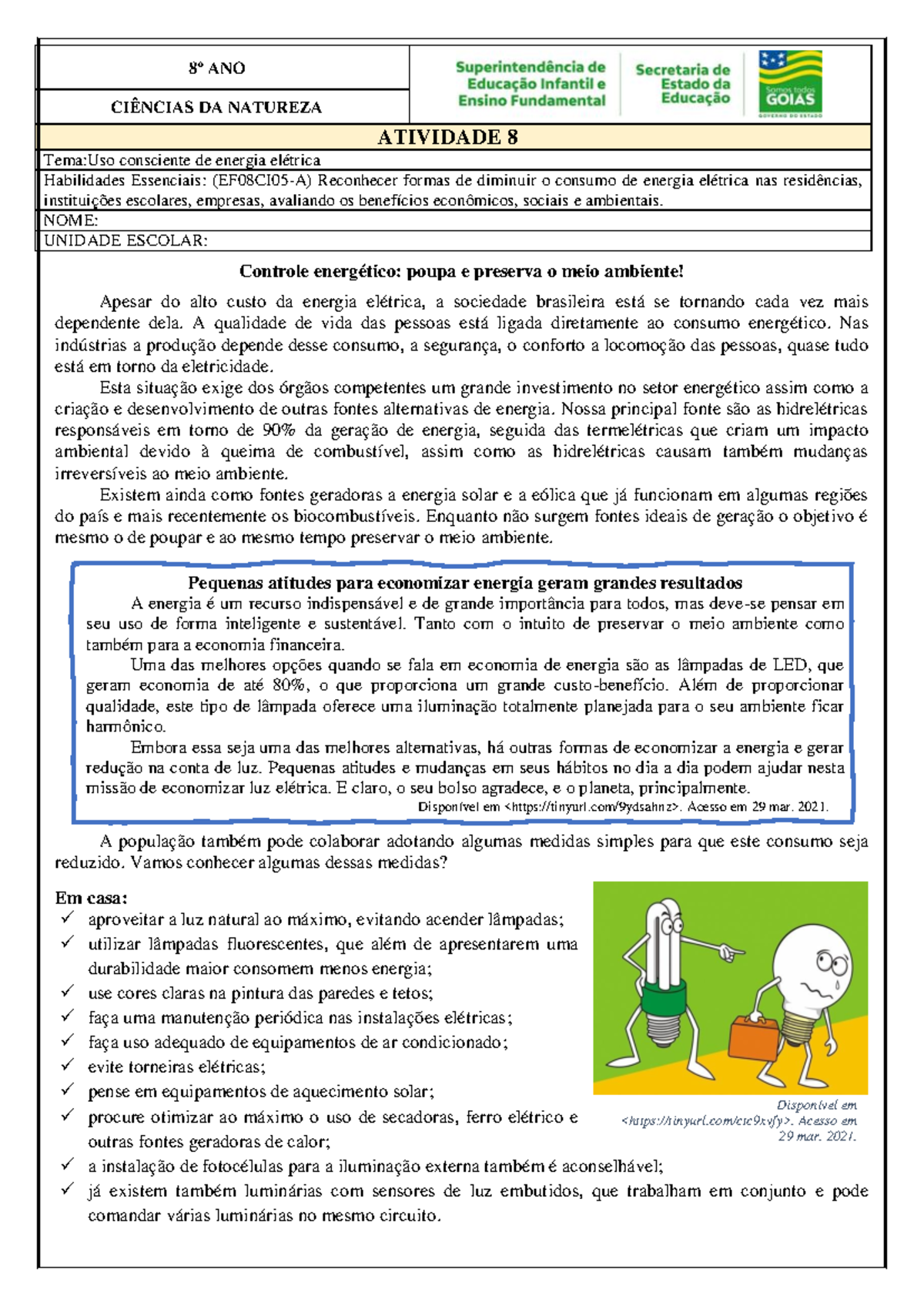 Atividade 8 8º Ano CN: Uso Consciente da Energia Elétrica e ...