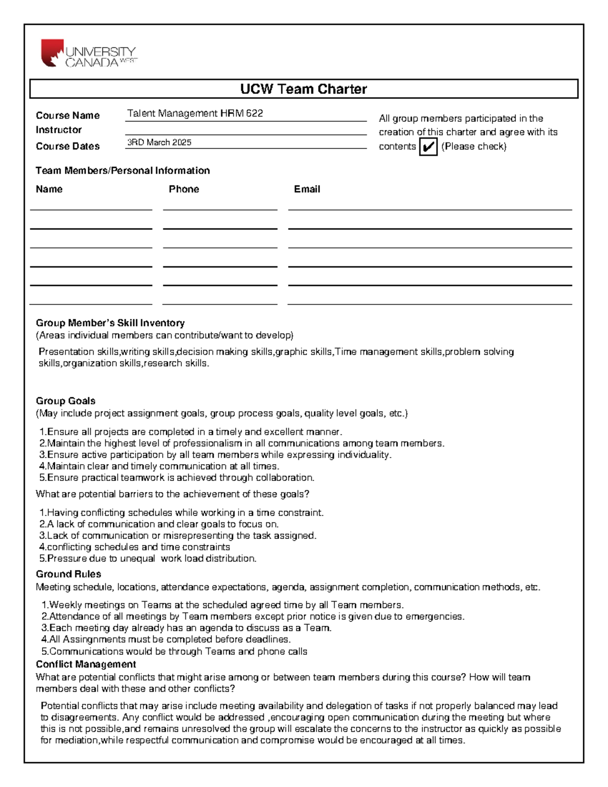 UCW Team Charter: Goals, Rules, and Conflict Management Plan - Studocu