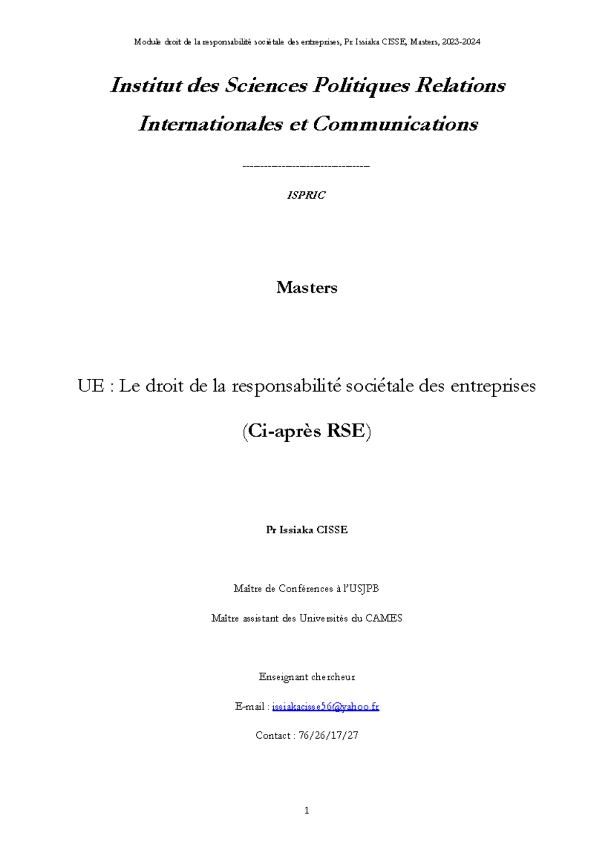 Module RSE en Master - Cours : Analyse de la Responsabilité Sociétale ...