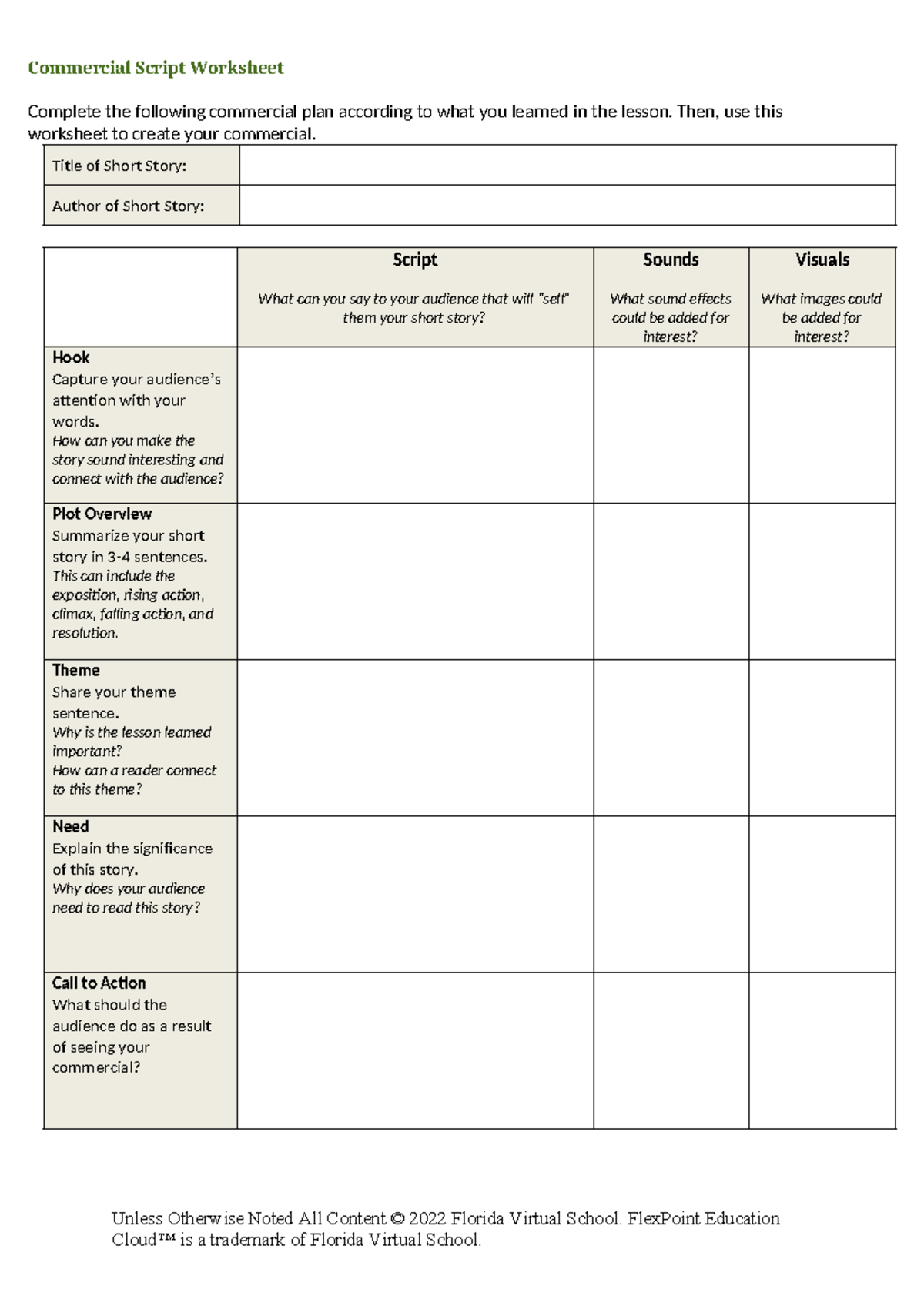Commercial Script Worksheet - Creating Engaging Short Stories - Studocu
