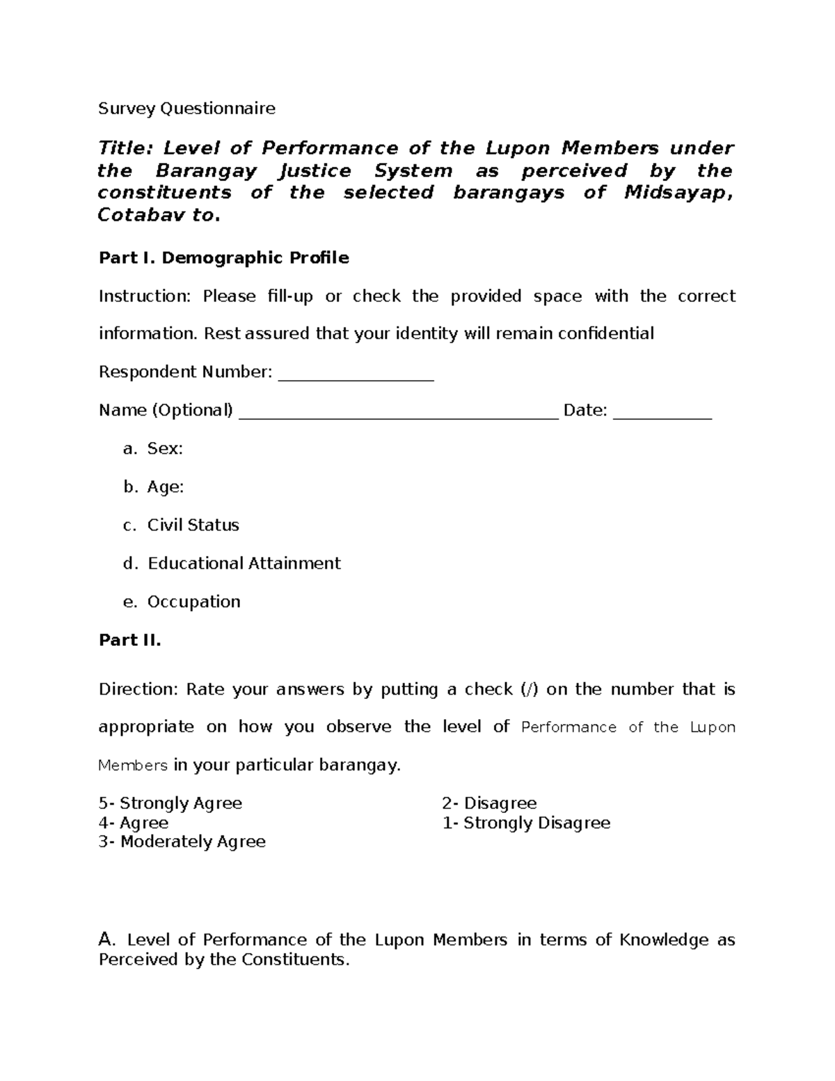 Performance Survey of Lupon Members in Barangay Justice System - Studocu