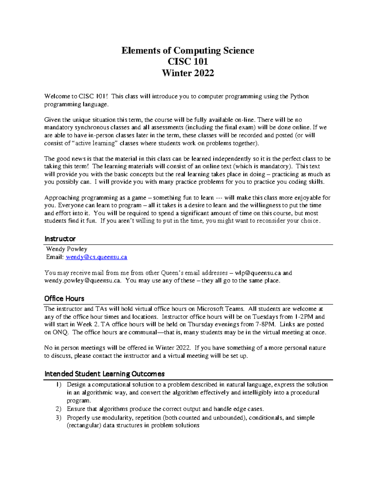 CISC 101 Syllabus: Winter 2022 Elements of Computing Science - Studocu