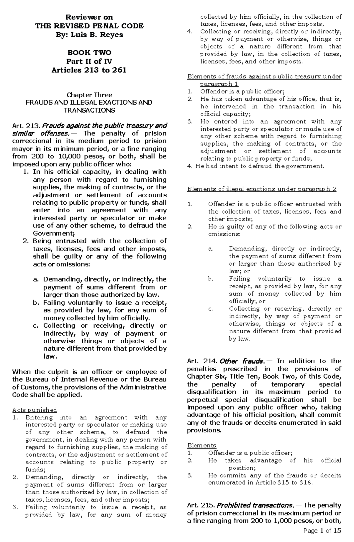 Revised Penal Code Review: Articles 213-261 on Frauds & Illegal ...