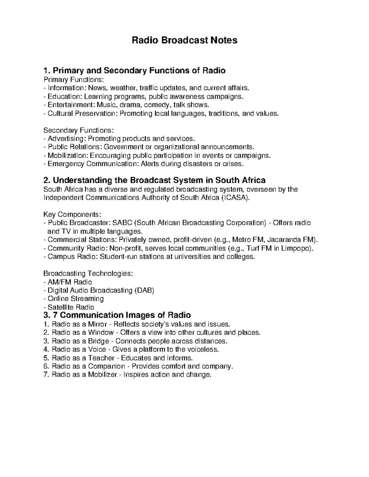 Radio Broadcast Notes: Functions & Systems Overview - Studocu