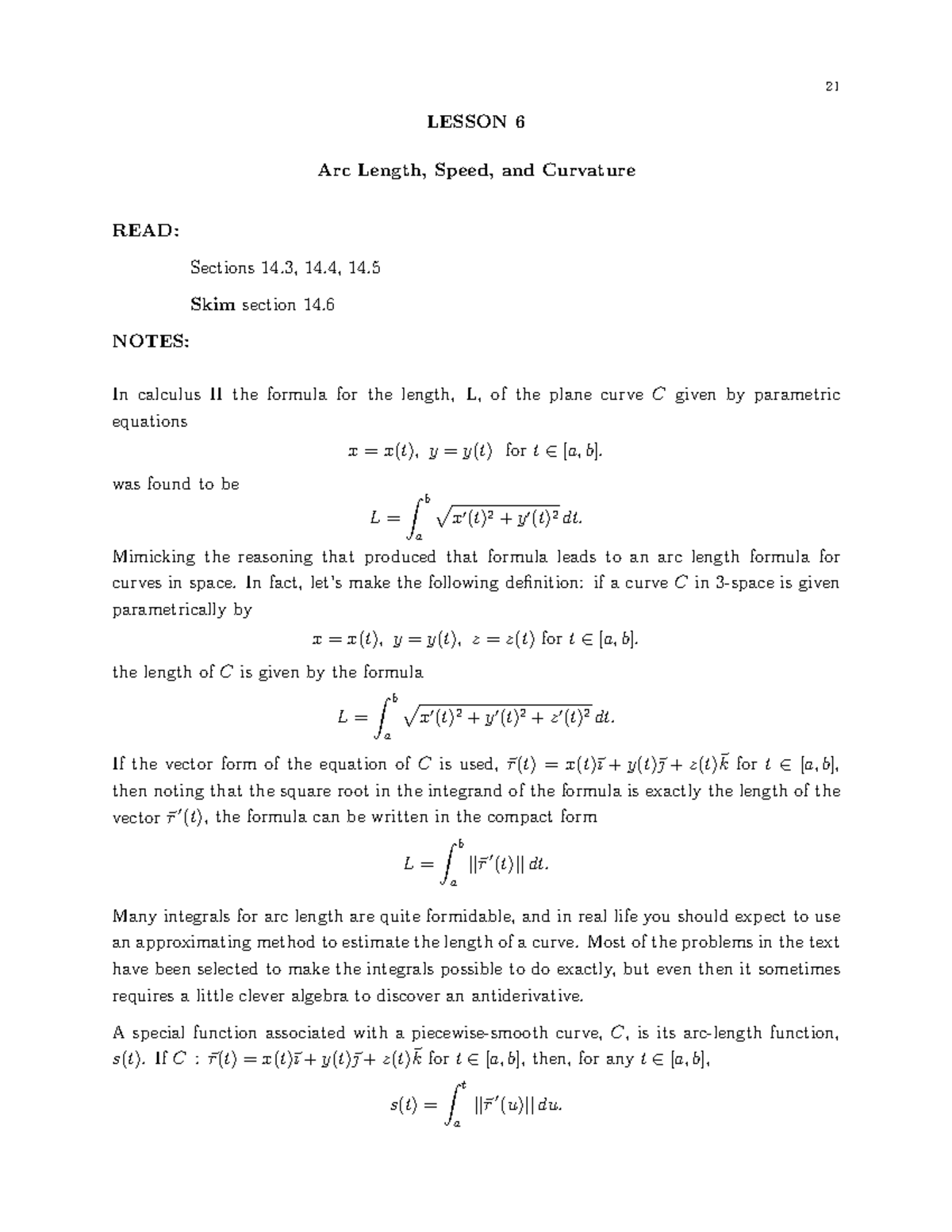 21 CALCULUS II LESSON 6: Arc Length, Speed, and Curvature Notes - Studocu