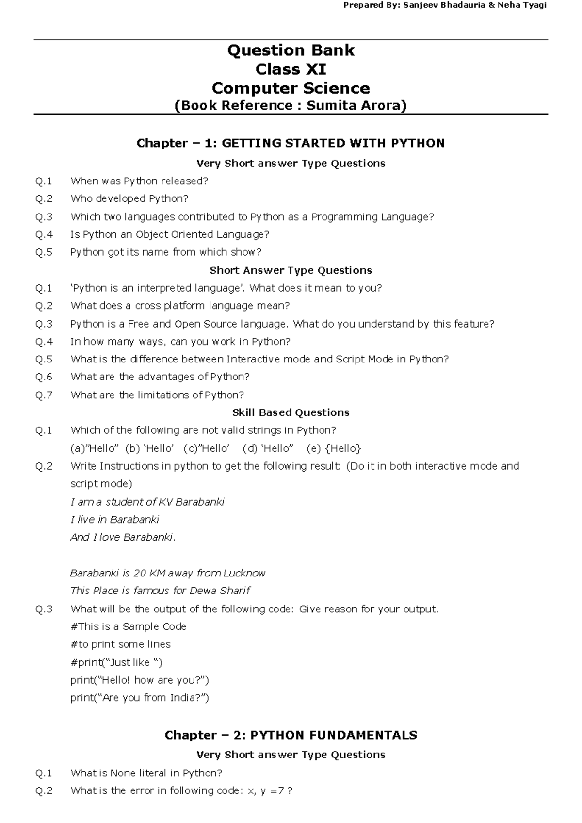 Question Bank for Class XI Computer Science (CS101) - Python & SQL ...