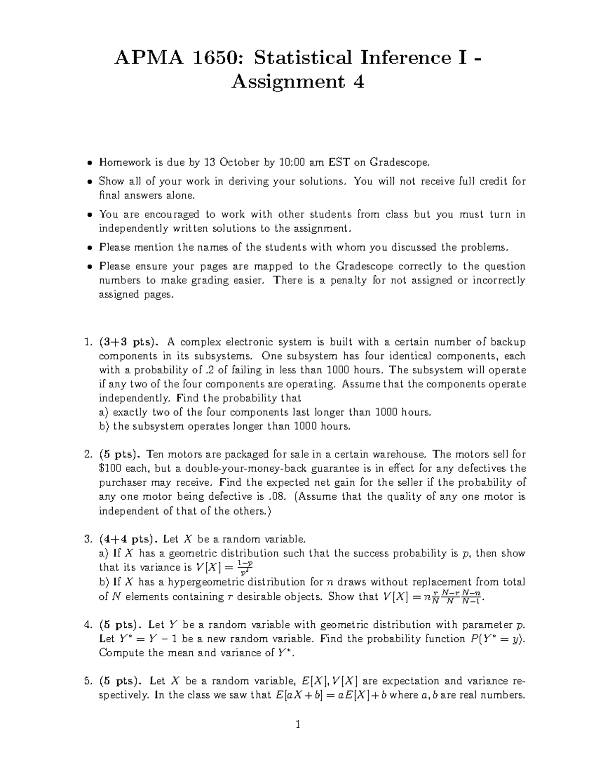 APMA 1650 - Assignment 4 Practice Material on Statistical Inference ...