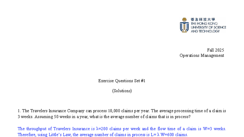 Fall 2025 ISOM2700 Operations Management Exercise Solutions Set - Studocu