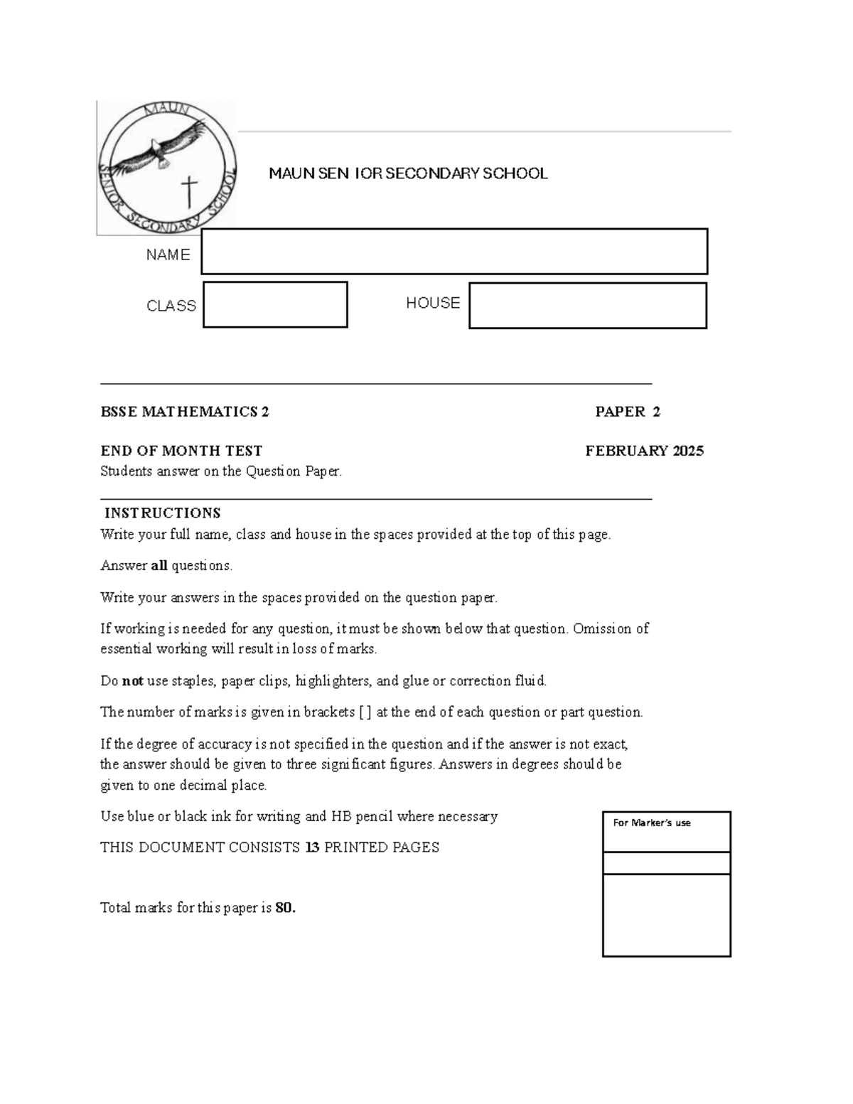 MAUN SEN IOR SECONDARY SCHOOL BSSE MATHEMATICS 2 PAPER 2 TEST FEB 2025 ...
