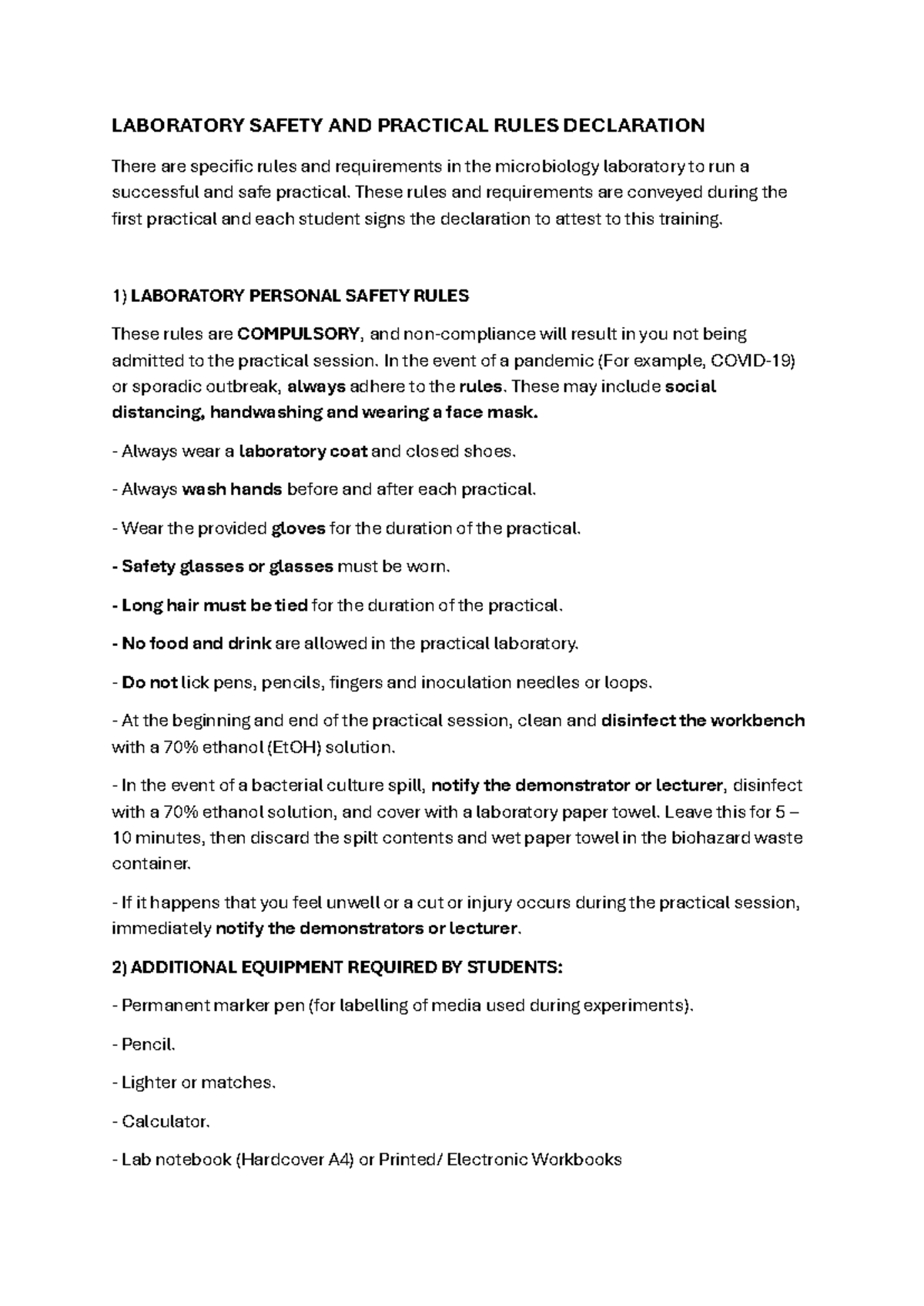 Microbiology Lab Safety Rules Declaration (LAB 101) - Studocu