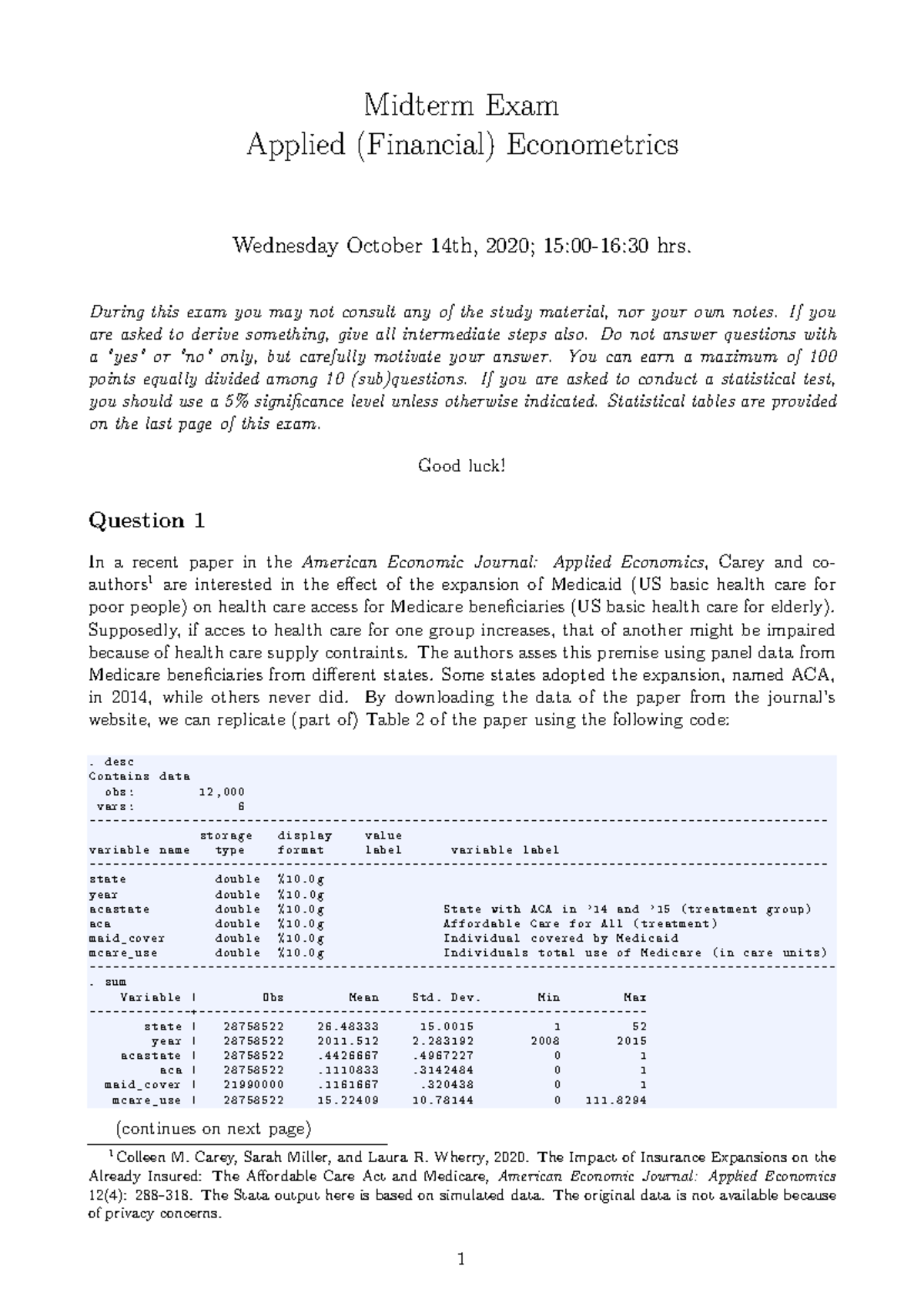 Midterm Exam - Applied Financial Econometrics - Oct 2020 - Studeersnel