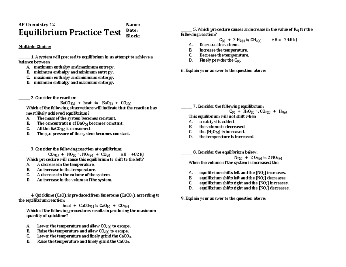 AP Chemistry 12 - Equilibrium Practice Test and Answer Key - Studocu