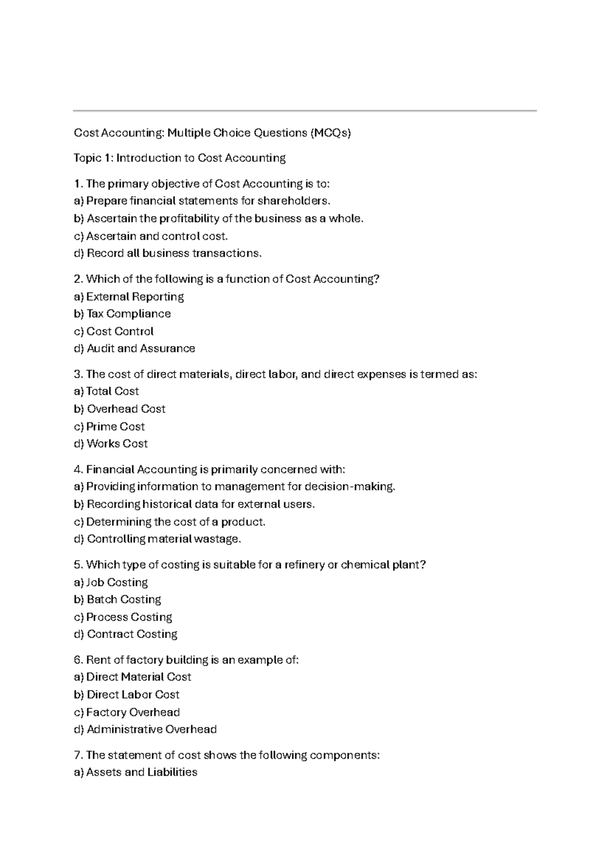 Cost Accounting: Lecture Notes on MCQs and Key Concepts - Studocu