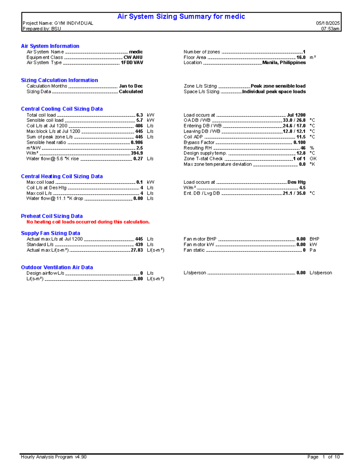 Air System Sizing Summary for Medic Project GYM INDIVIDUAL - Studocu
