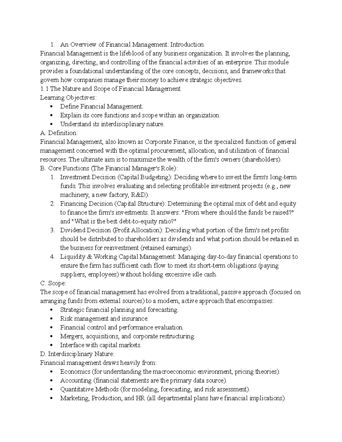 FM-1: Comprehensive Overview of Financial Management Concepts - Studocu