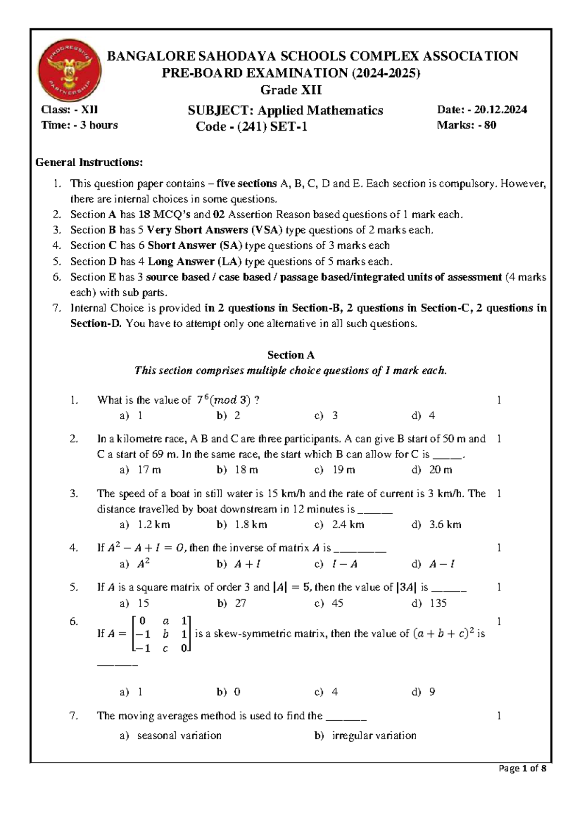 Class XII Applied Mathematics Exam Paper (Code: 241) - Set 1 - Studocu