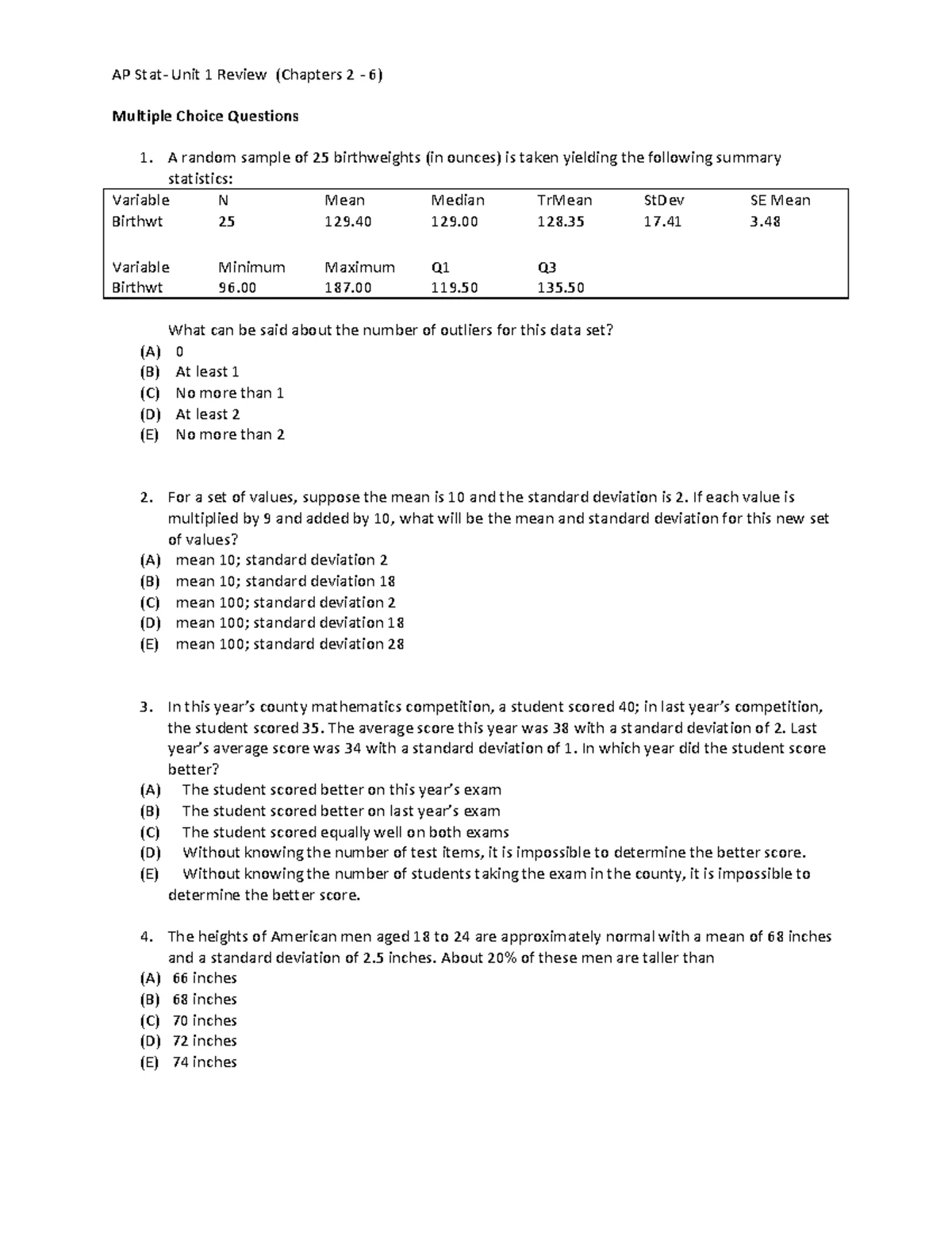 AP Statistics: Solutions to Cumulative Practice Test 1 - Studocu