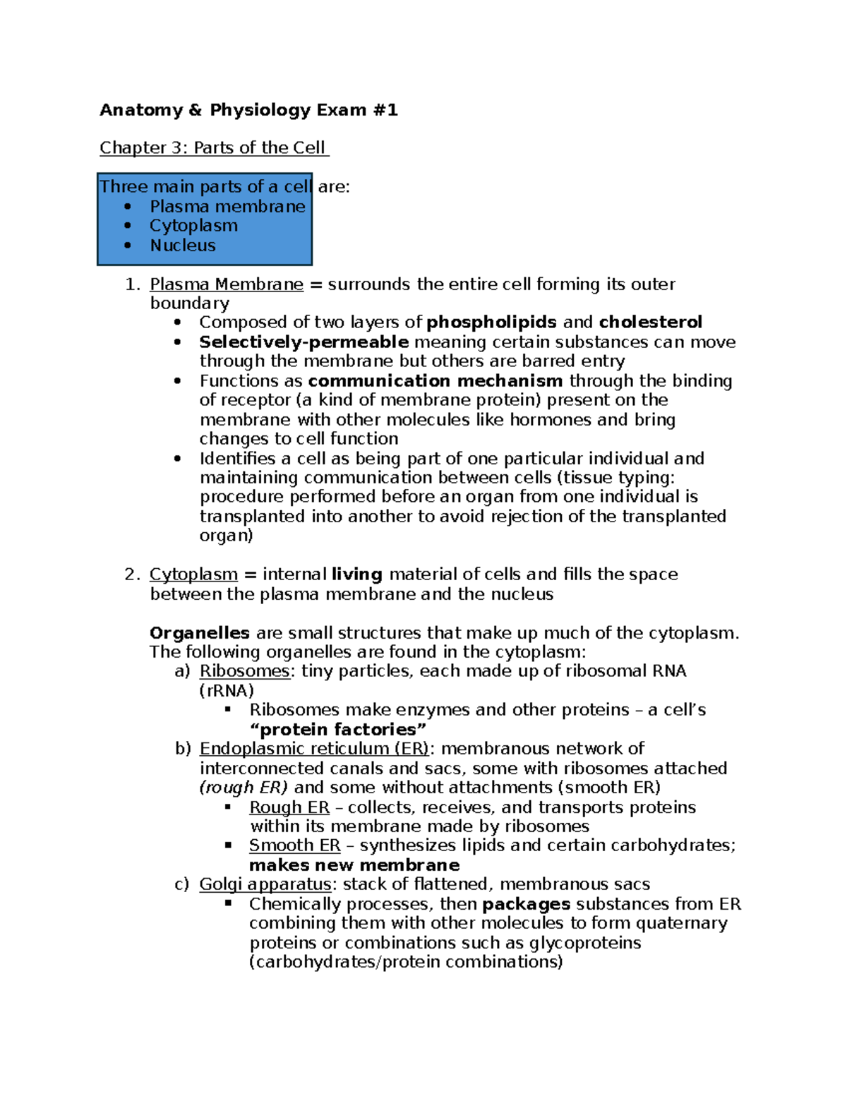 A&P Exam 1 Notes: Summary of Cell Structure and Functions - Studocu