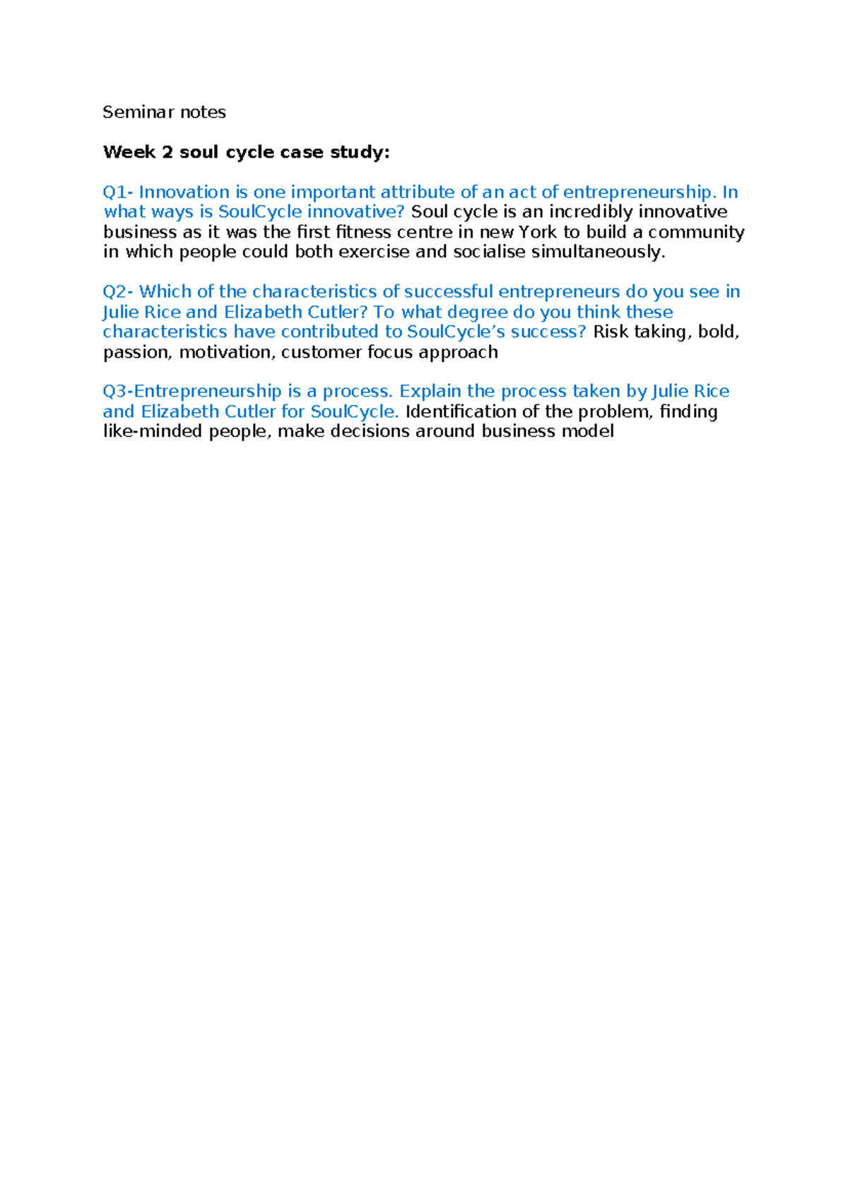 Seminar Notes: Week 2 - SoulCycle Case Study on Innovation - Studocu