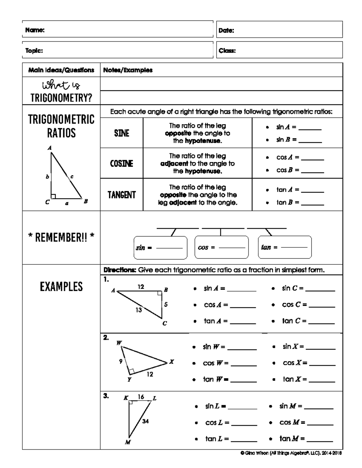 Unit 7: Right Triangles & Trigonometric Ratios Notes for Geometry - Studocu
