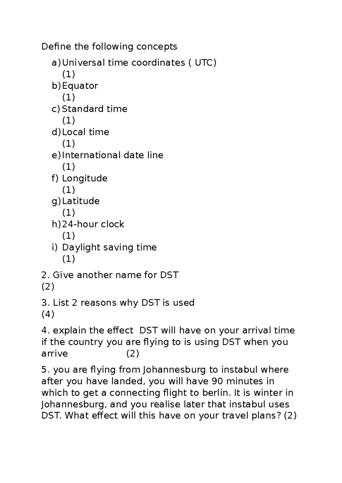 Time zone concepts mini test - Define the following concepts a ...