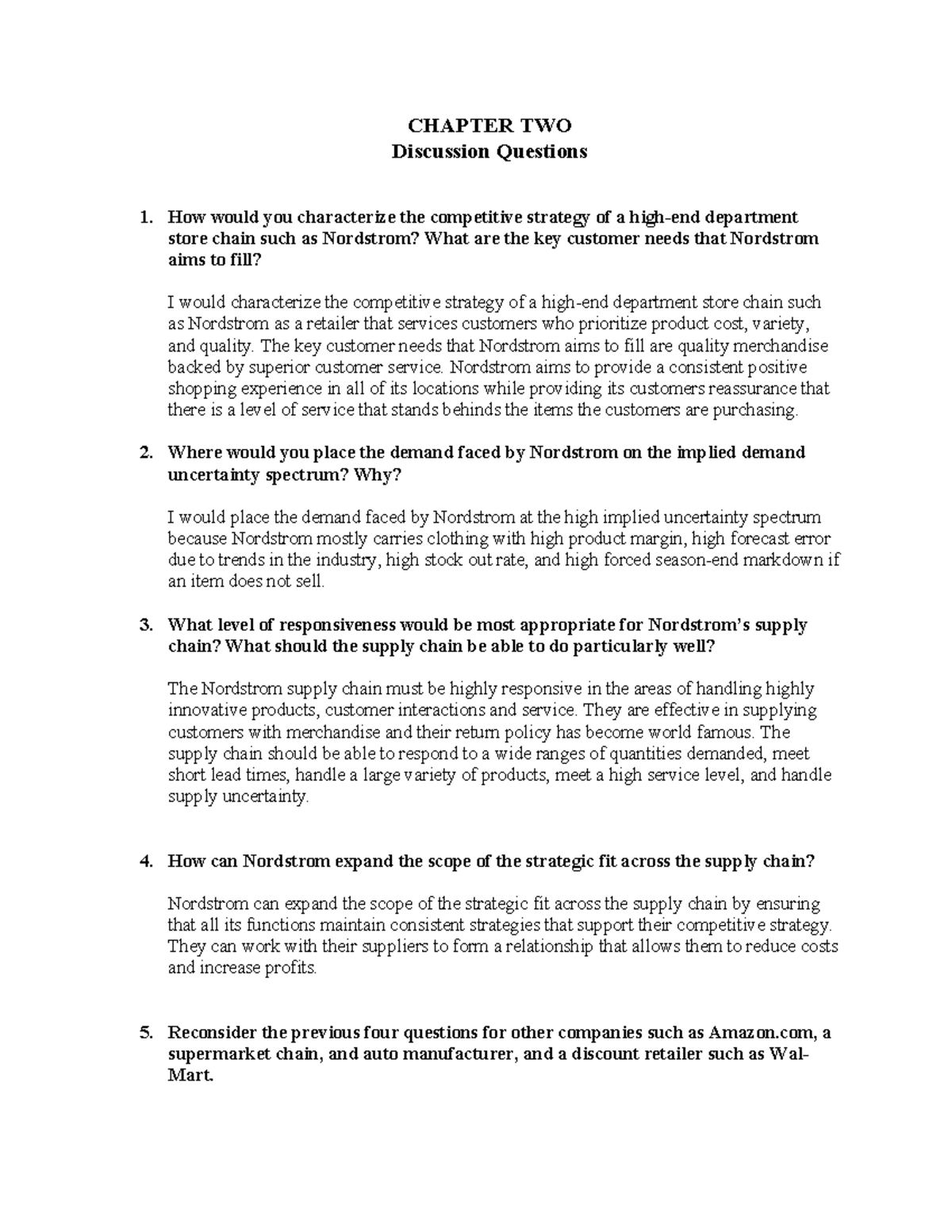 CHAPTER 2 Discussion Questions for Supply Chain Strategy Analysis - Studocu