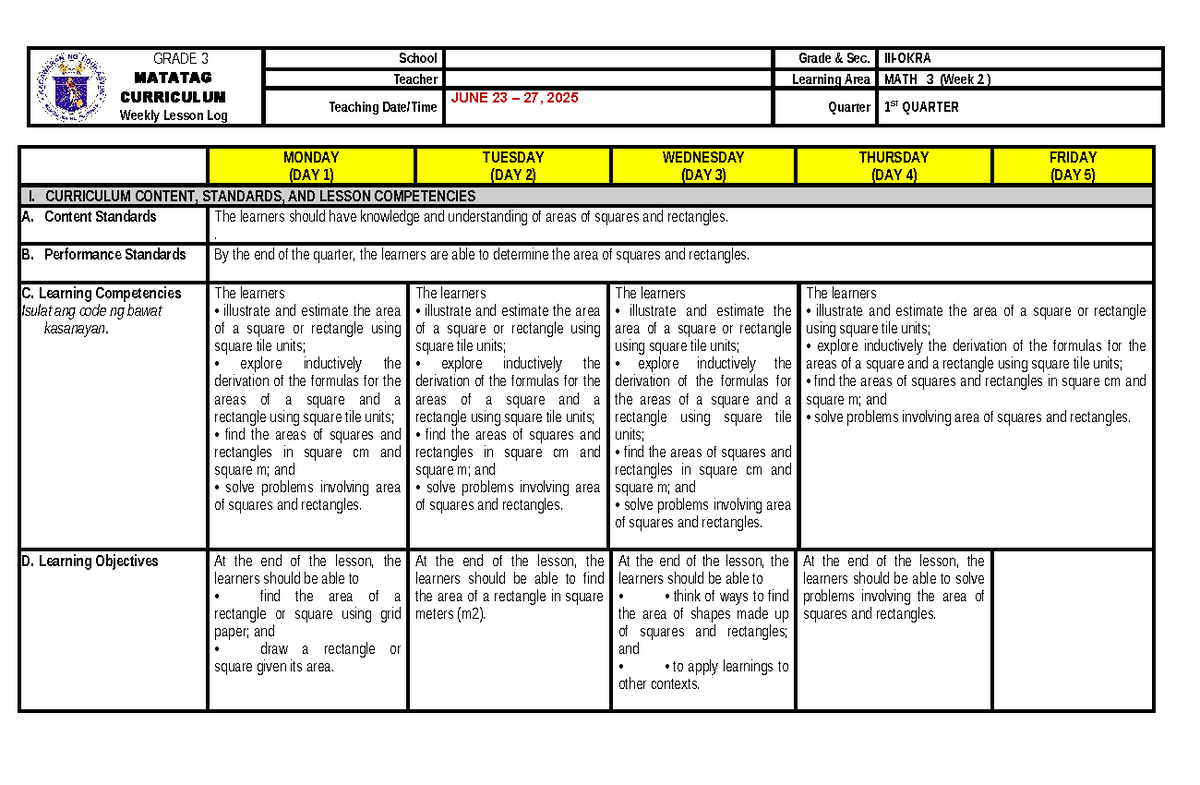 Q1 G3 MATH 3 Weekly Lesson Log (Week 2) on Area of Shapes - Studocu