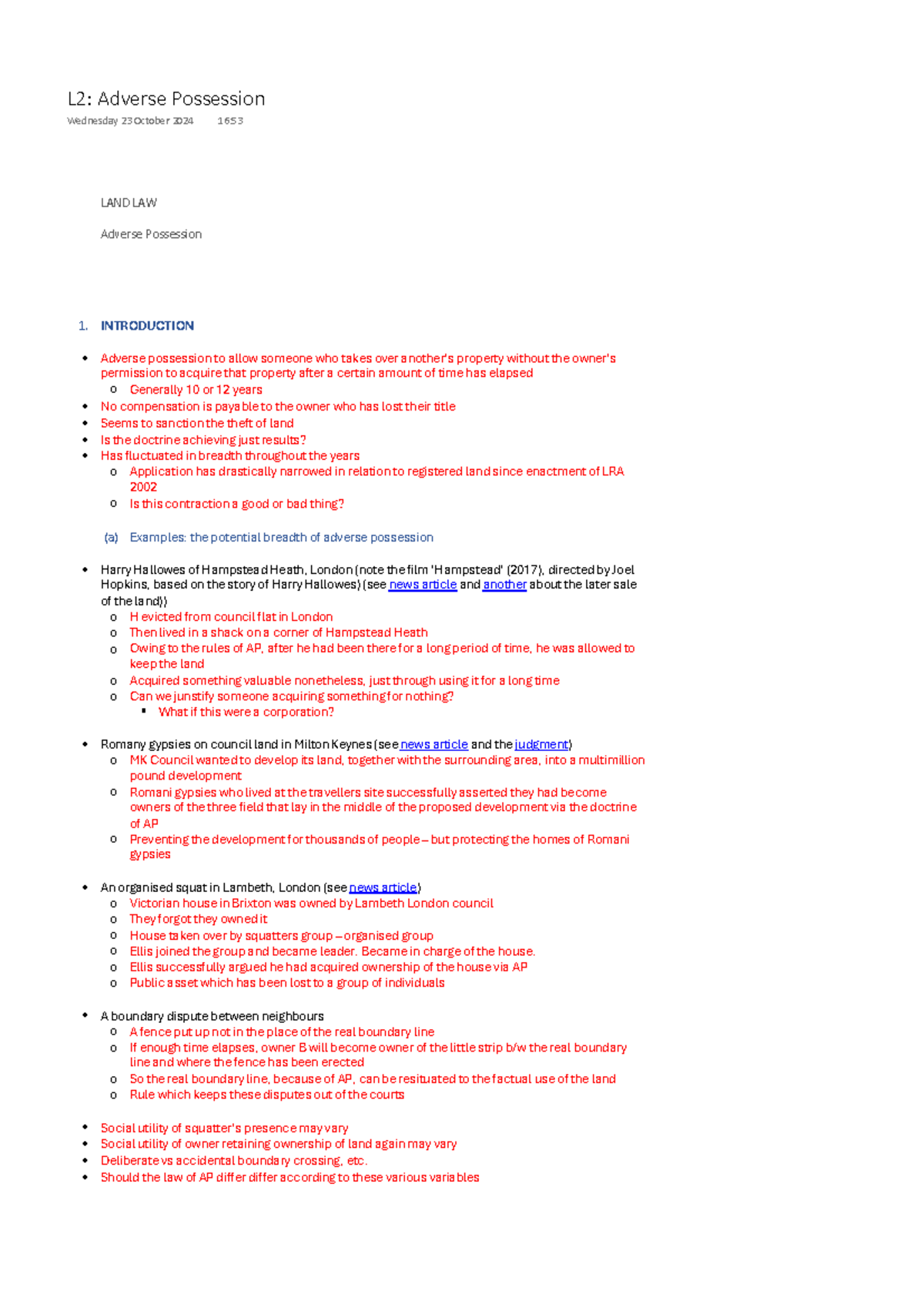 L2: Adverse Possession - Lecture Notes on Land Law Concepts - Studocu