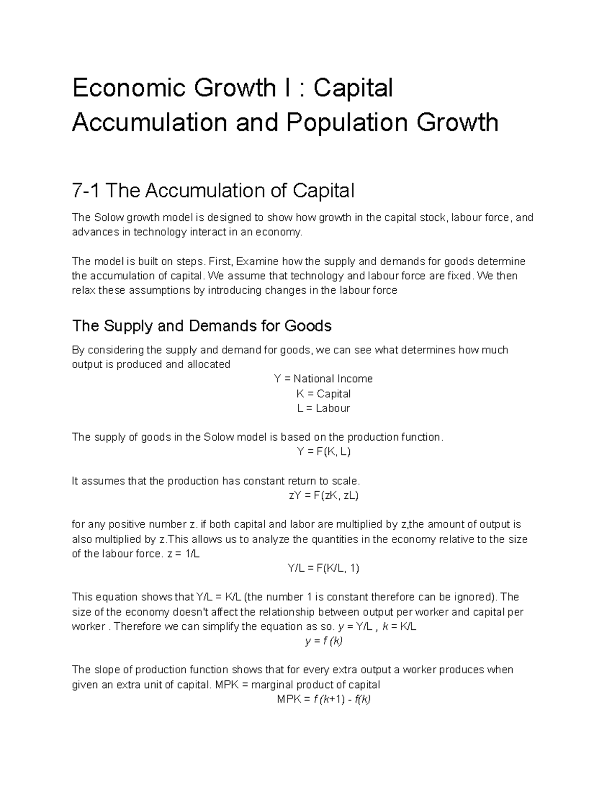 Economic Growth I: Capital Accumulation & Population Effects - Studocu