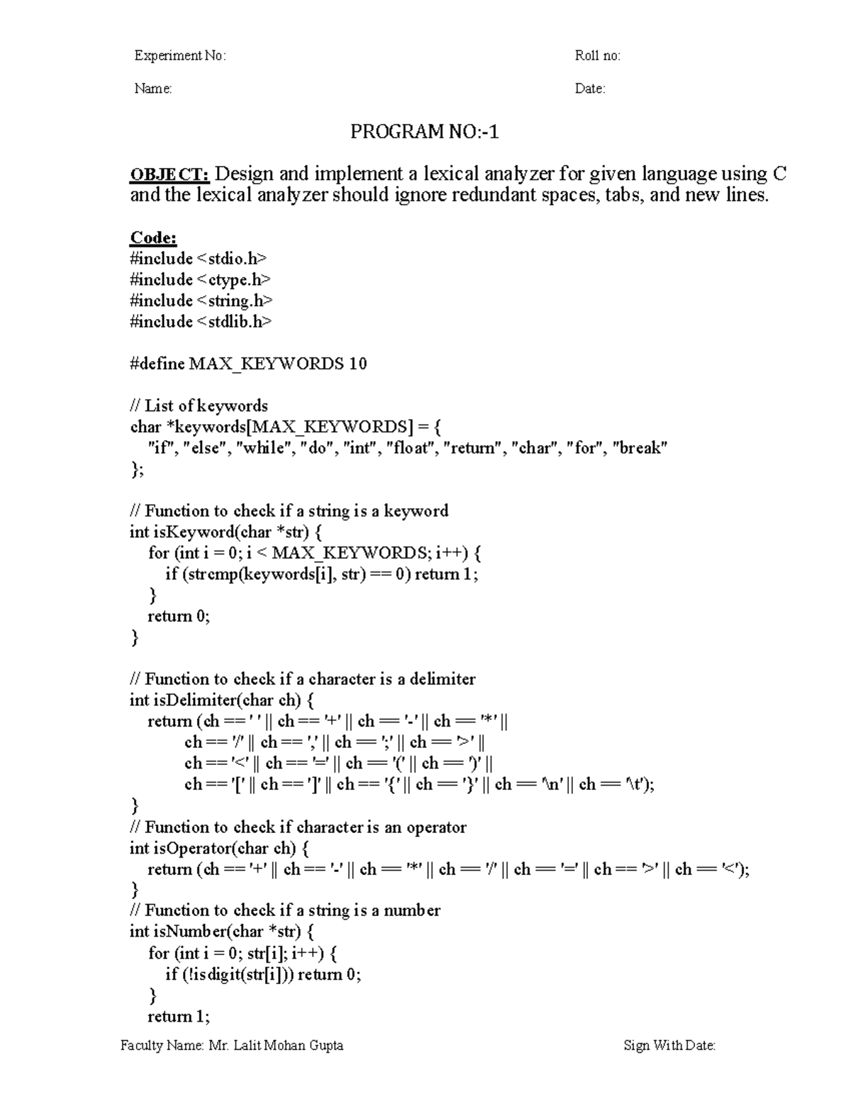 Cdlab - Lexical Analyzer Implementation for Compiler Design Lab - Studocu