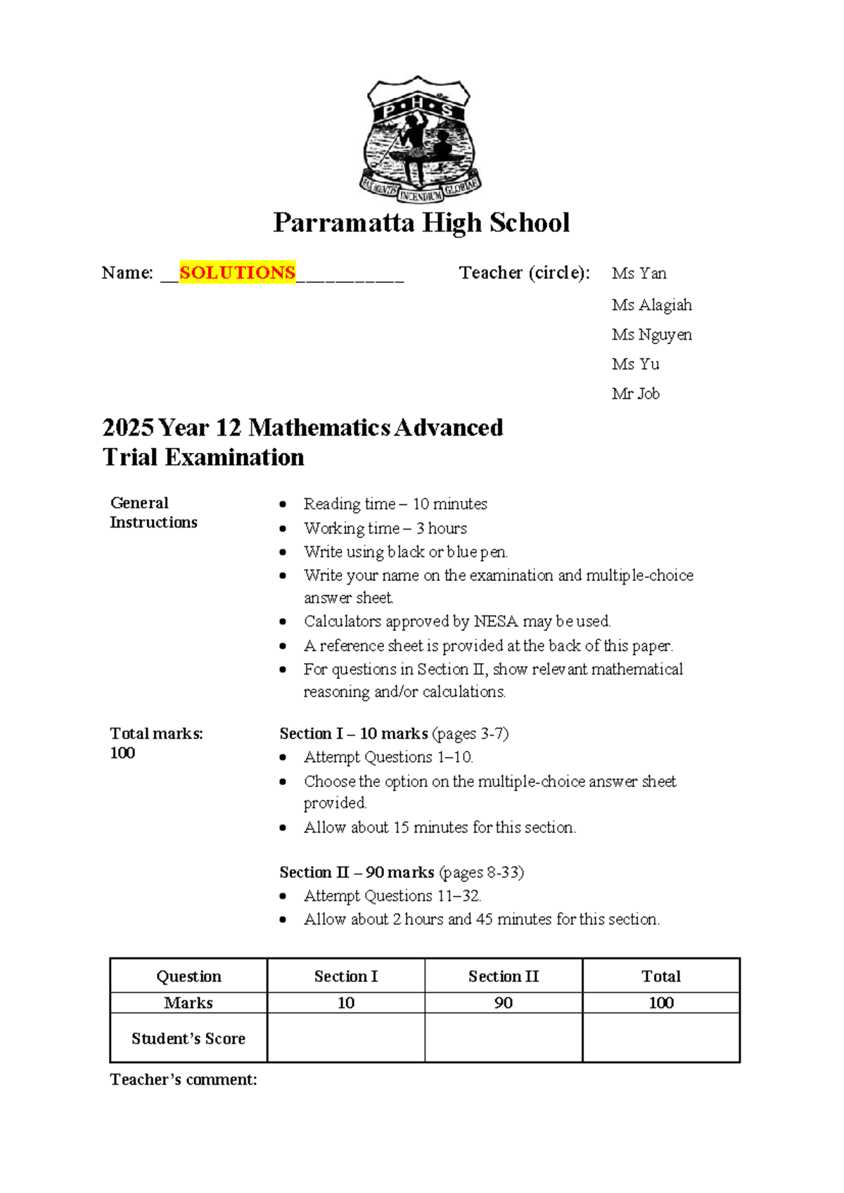 12 FB Advanced T3 2025 Mathematics Trial Exam - Studocu