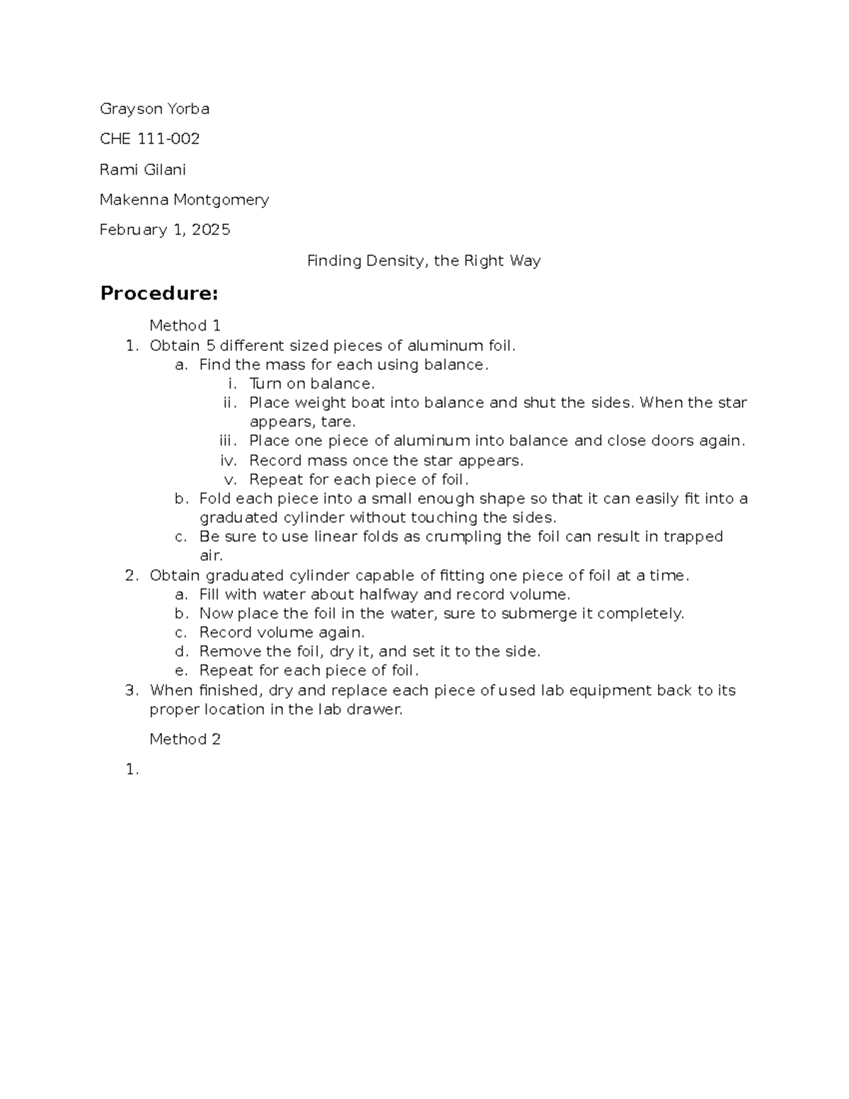 CHE 111 - Final Lab Report: Finding Density with Aluminum Foil - Studocu