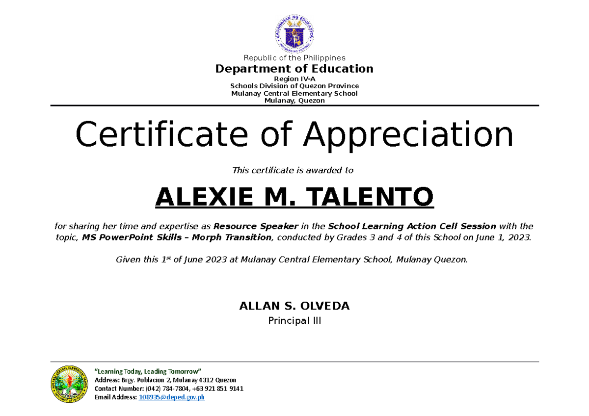 SLAC Certificate of Appreciation for MS PowerPoint Session - Studocu