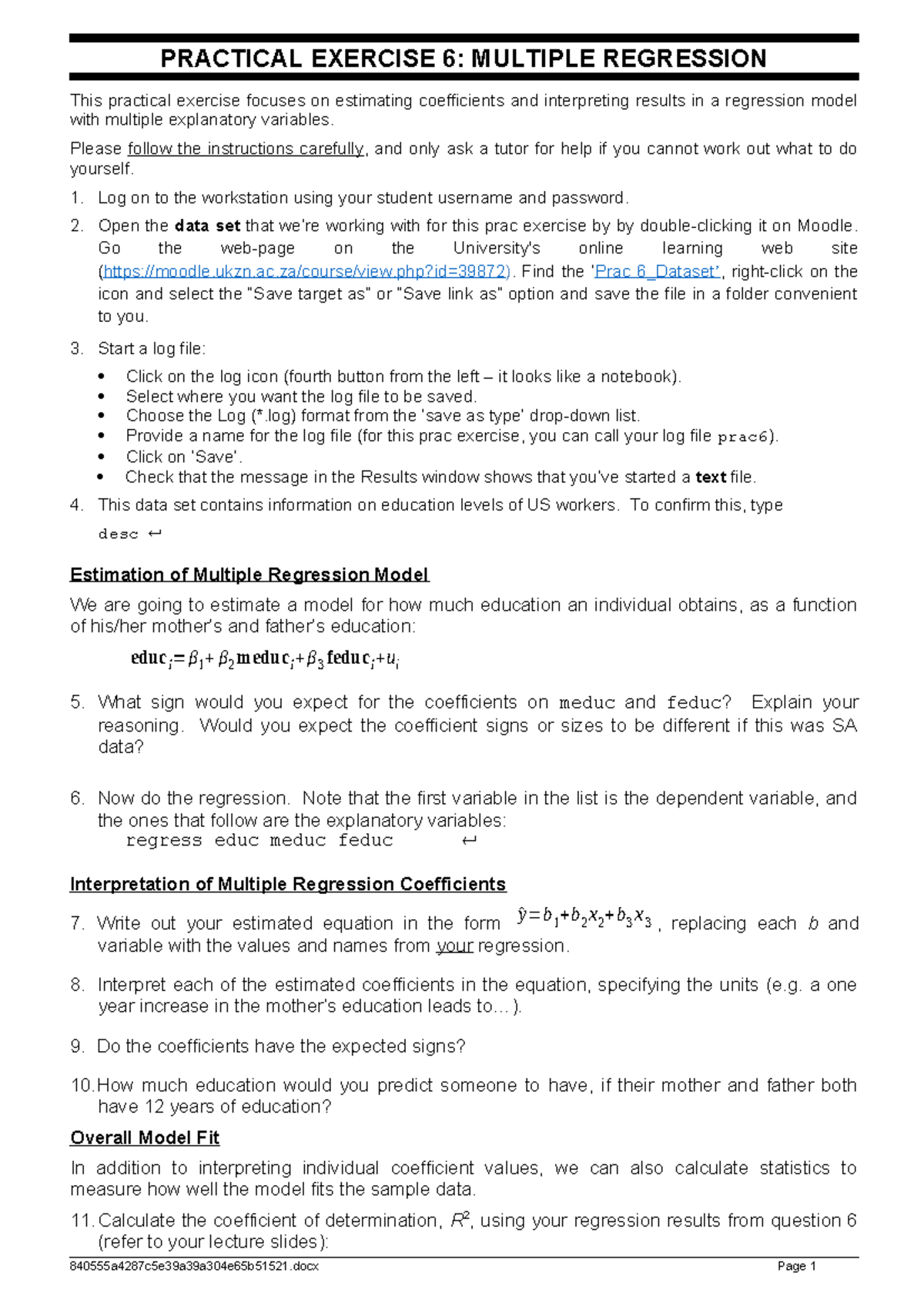 PRACTICAL EXERCISE 6: MULTIPLE REGRESSION ESTIMATION - Studocu