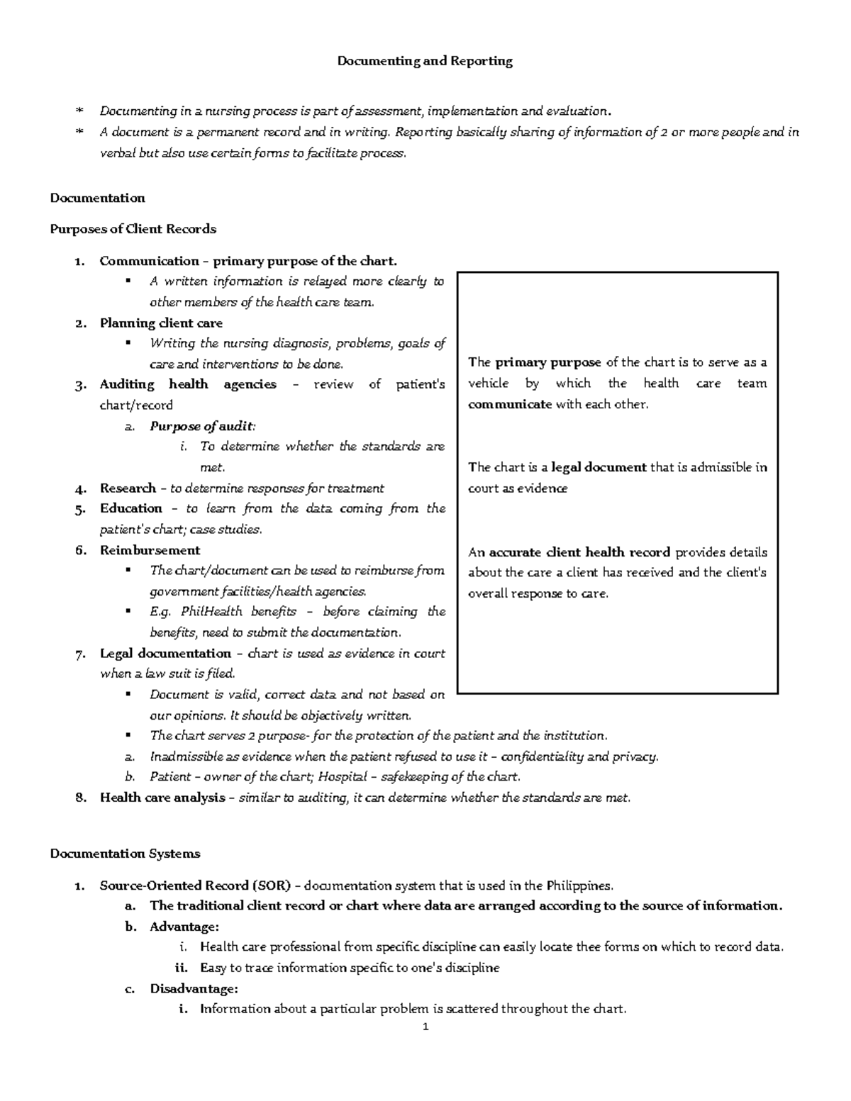 Health Assessment Documentation & Reporting: Key Points & Systems - Studocu