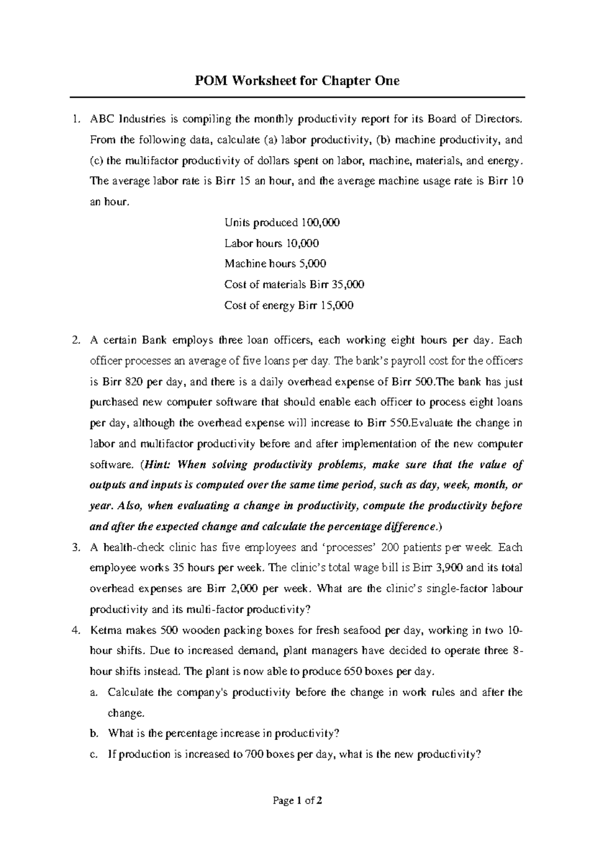 POM 101: Operation Management Worksheet for Chapter 1 Analysis - Studocu